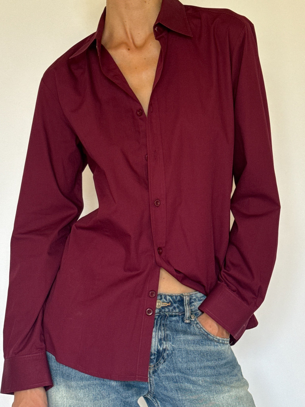 Vintage burgundy button-up shirt front view