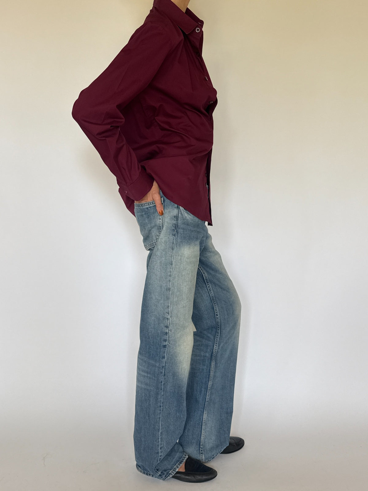 Vintage burgundy button-up shirt side view