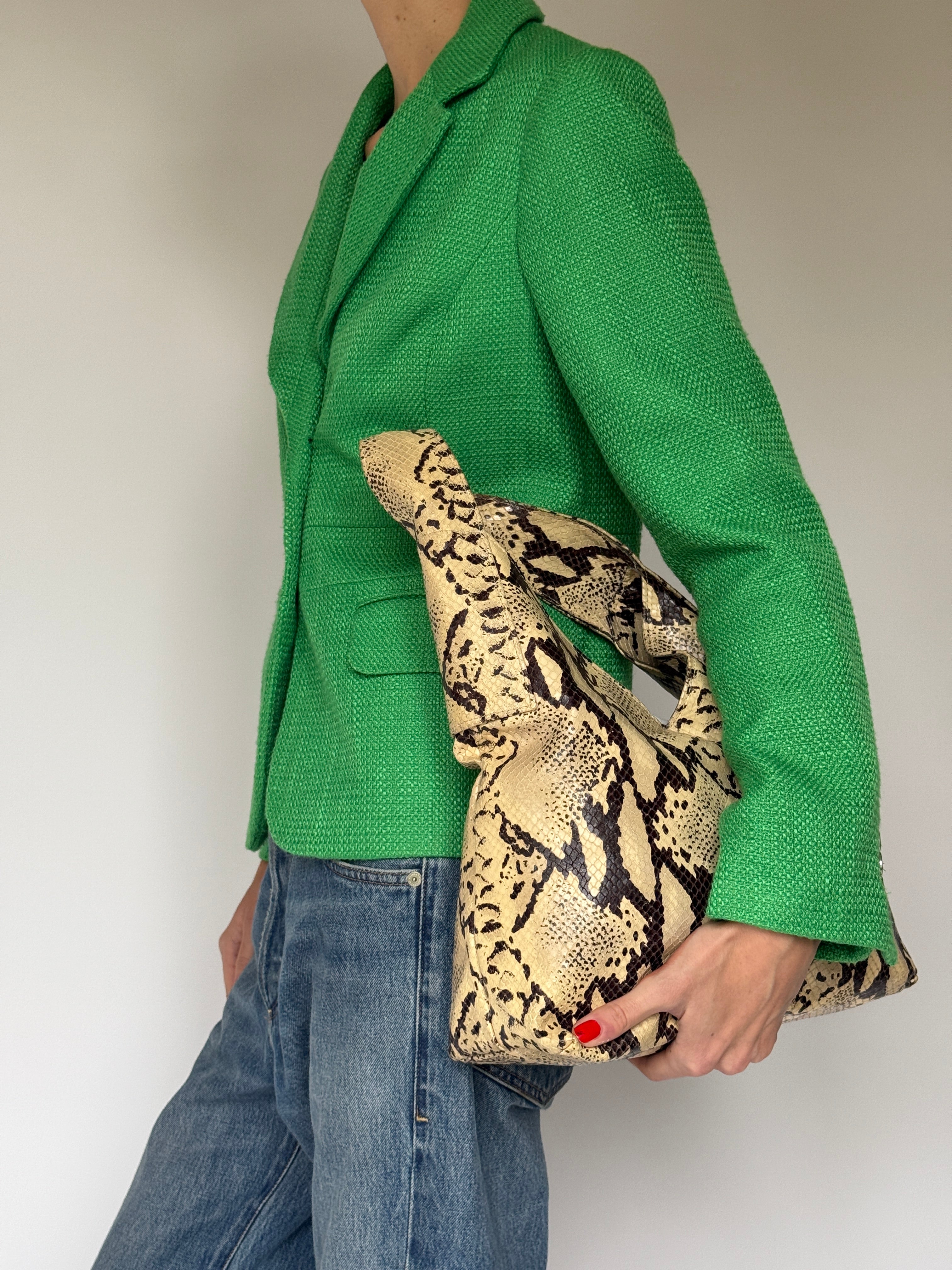 Tailored green textured blazer with front flap pockets side view