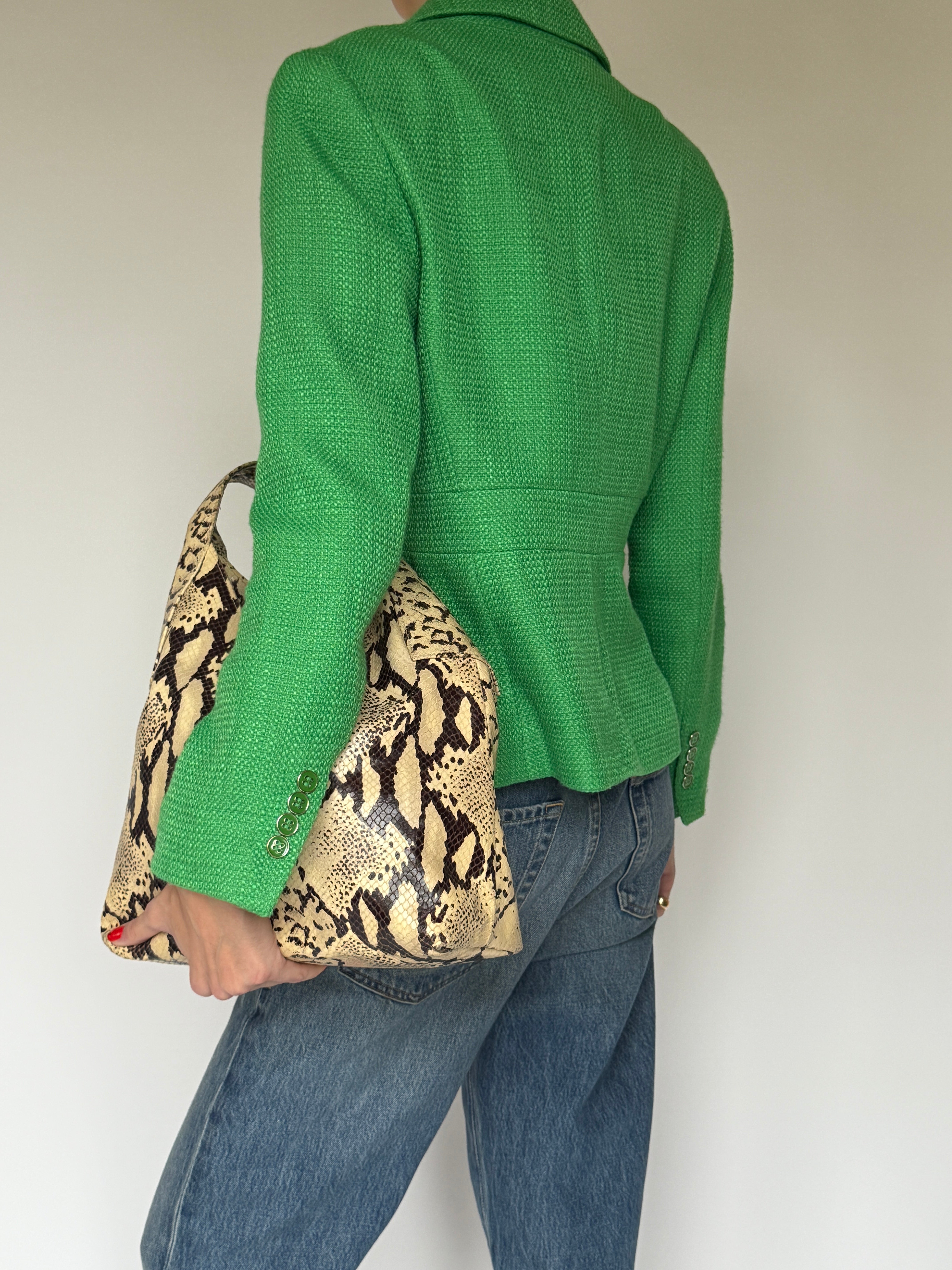 Vintage green blazer with clean tailored silhouette back view
