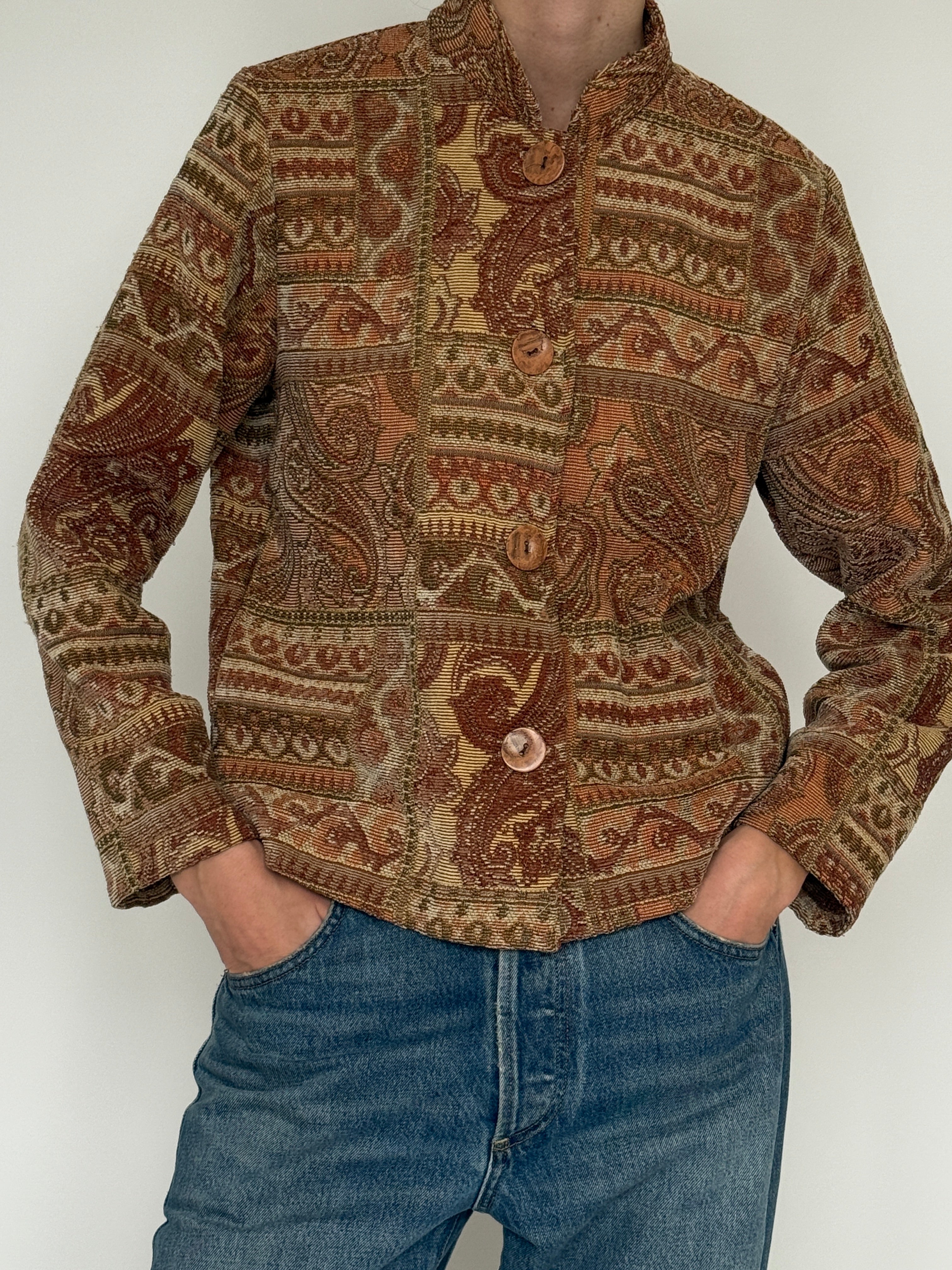 Vintage brown paisley tapestry jacket front view