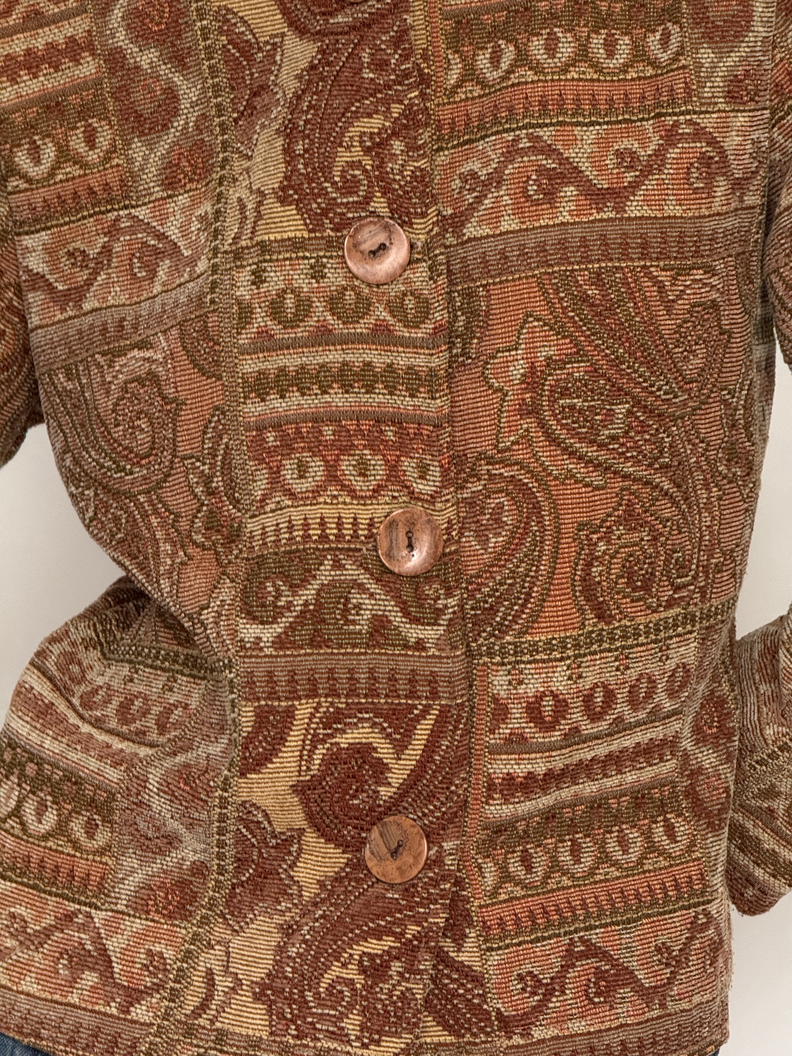 Vintage brown paisley tapestry jacket button detail