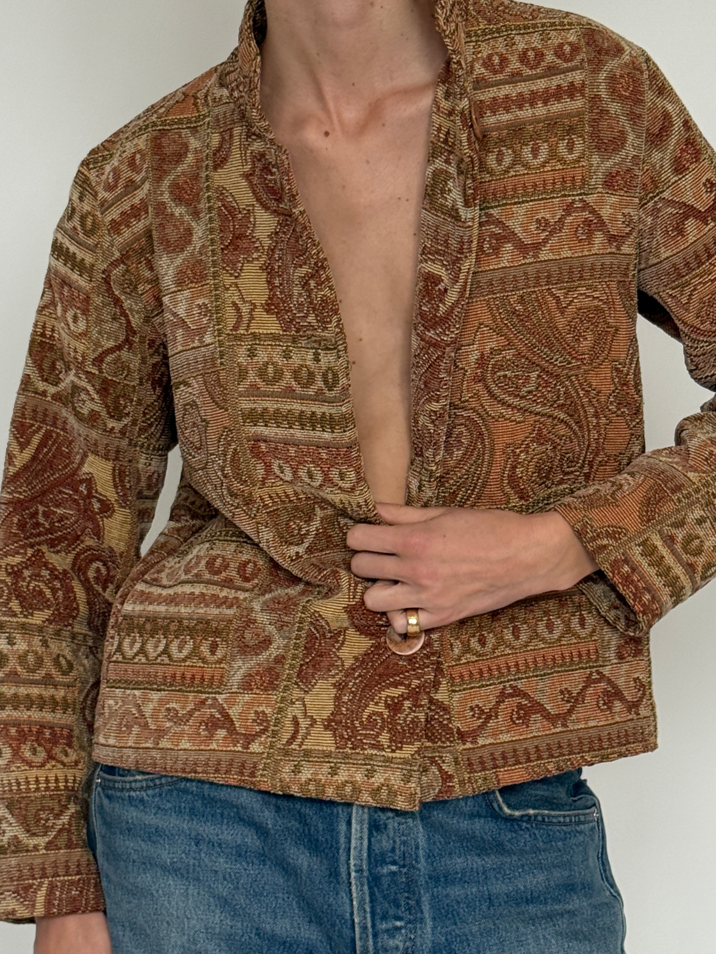 Vintage brown paisley tapestry jacket collar detail