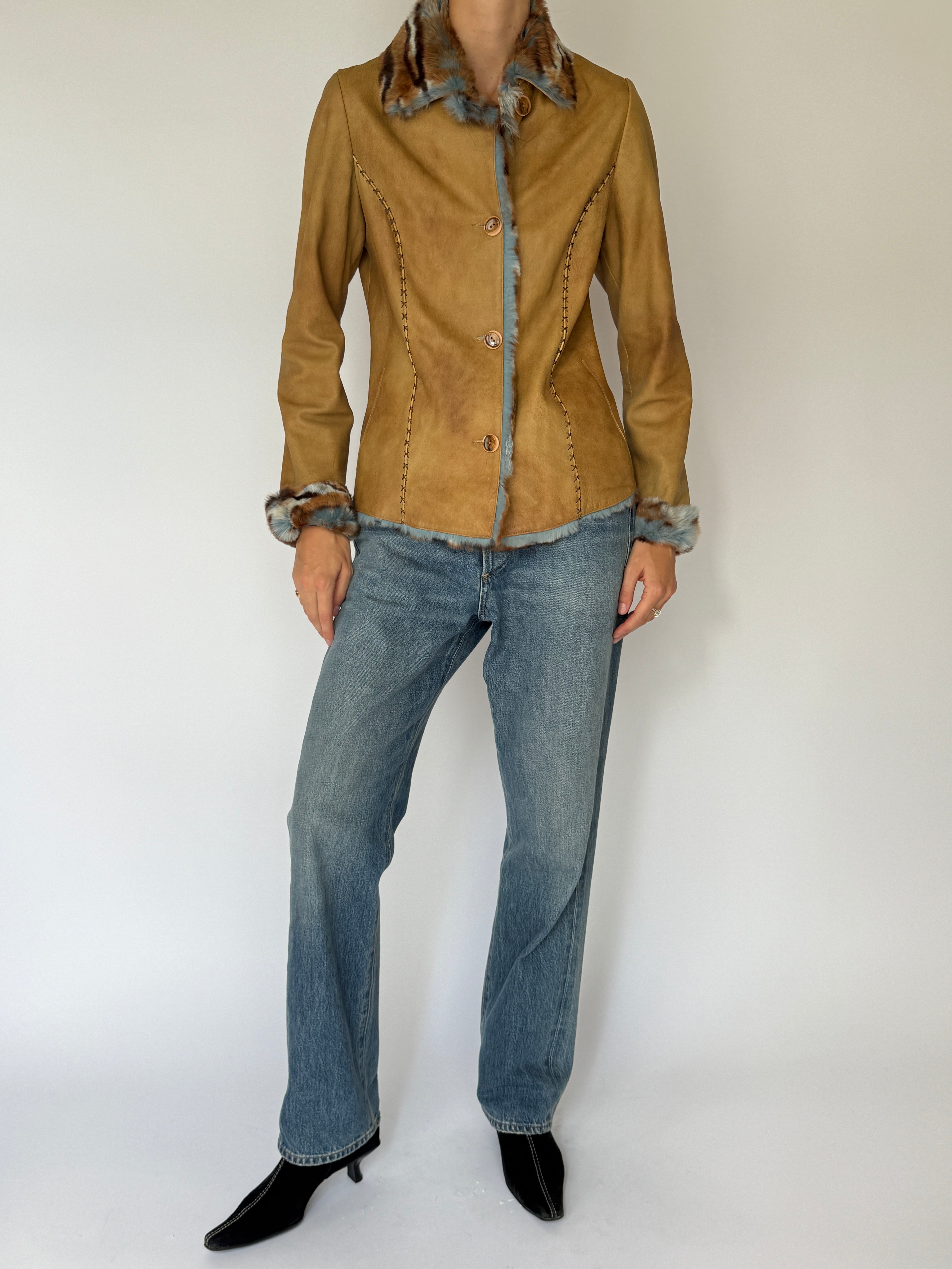 Vintage Leather jacket with Faux Fur trim Tan