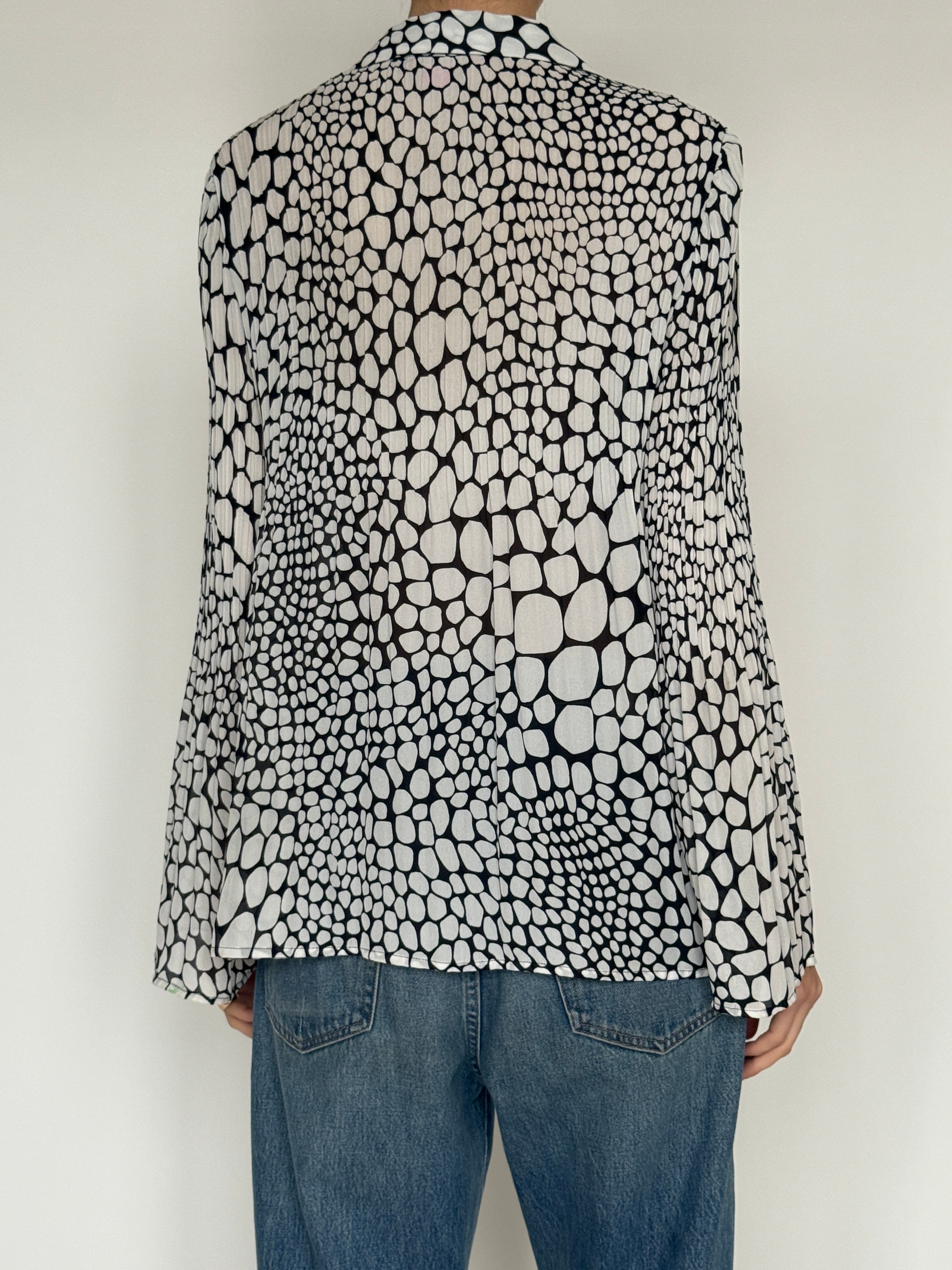 Vintage black and ivory pebble print blouse back view