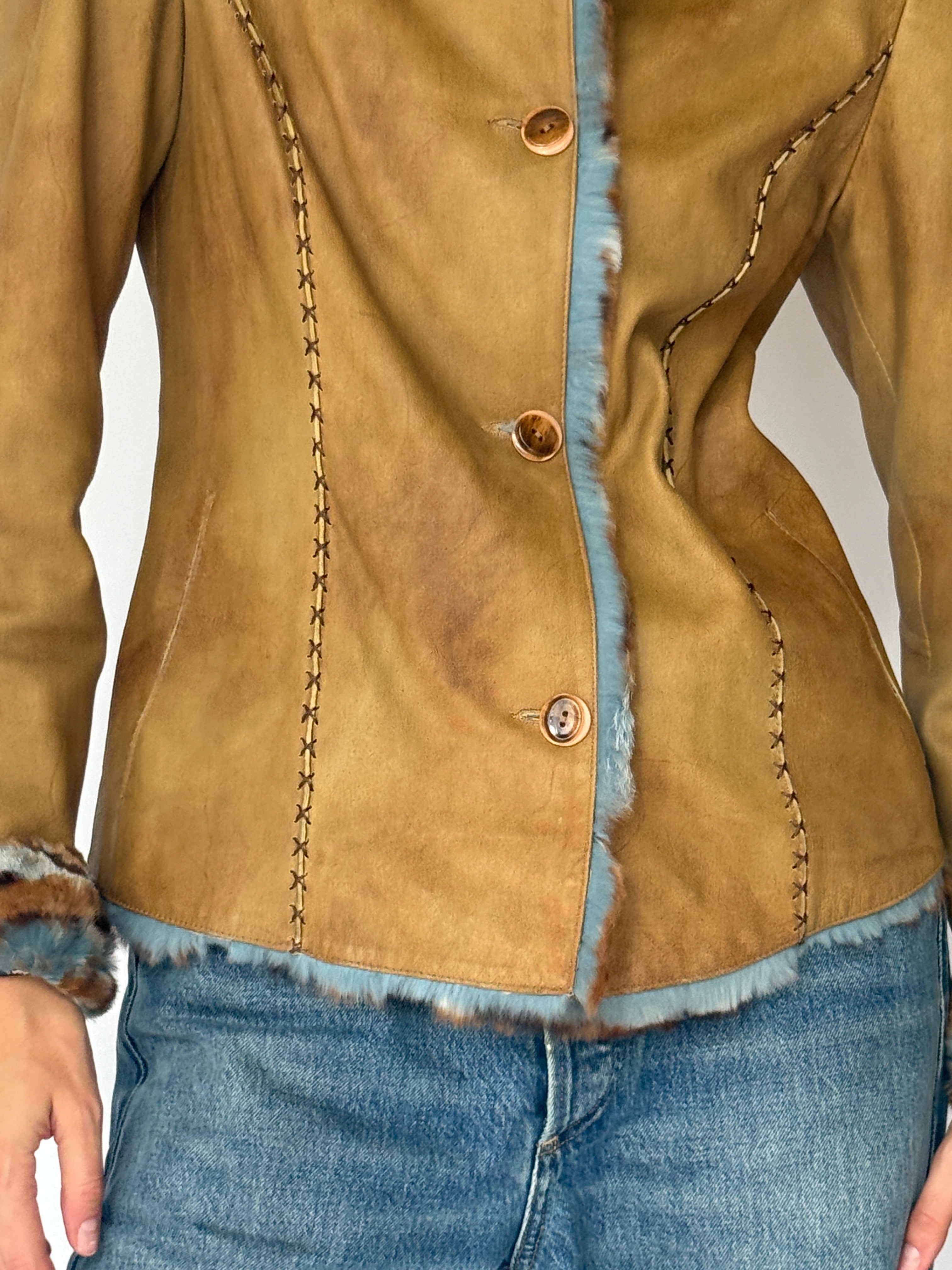 Vintage Leather jacket with Faux Fur trim Tan