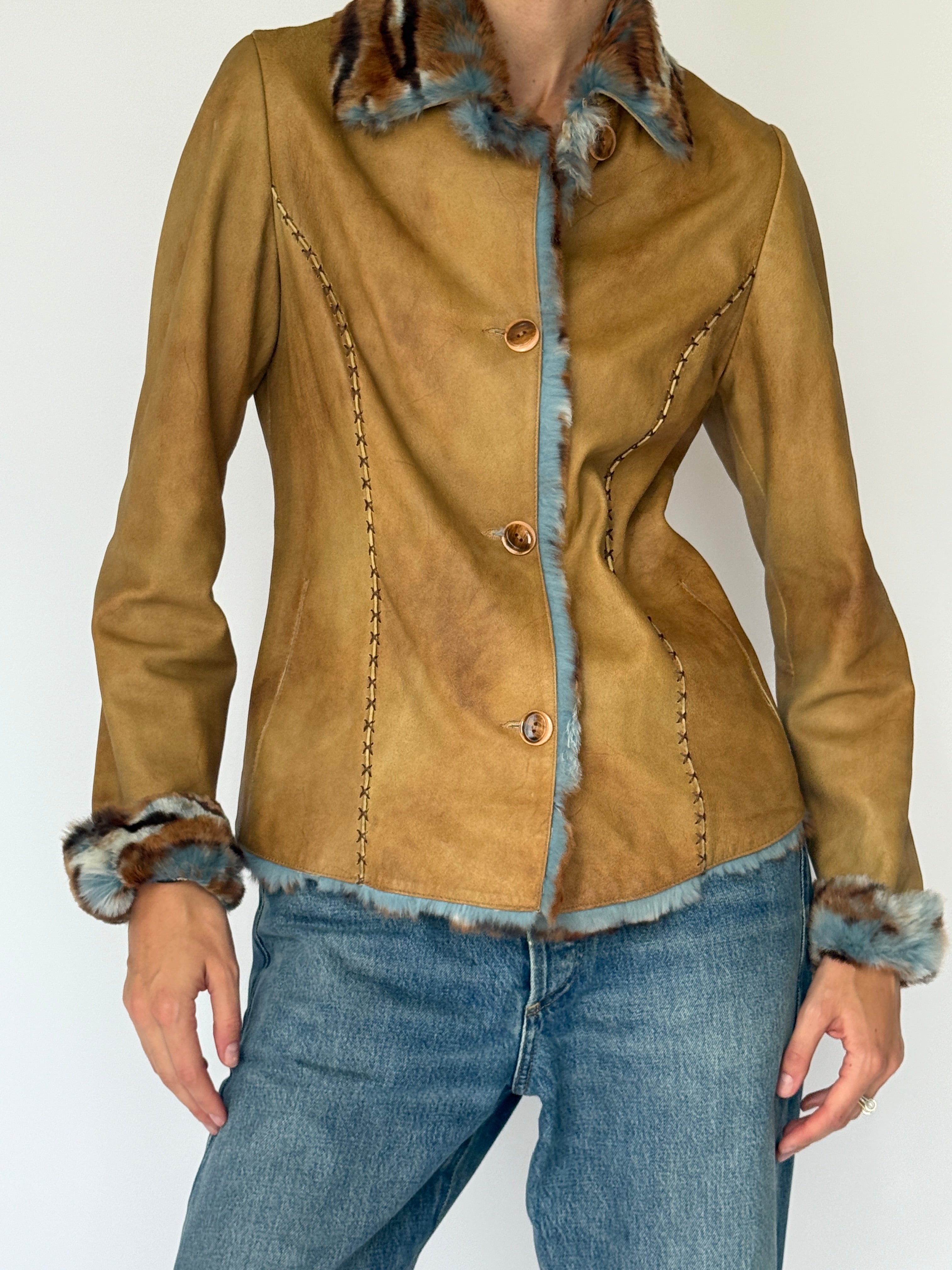 Vintage Leather jacket with Faux Fur trim Tan