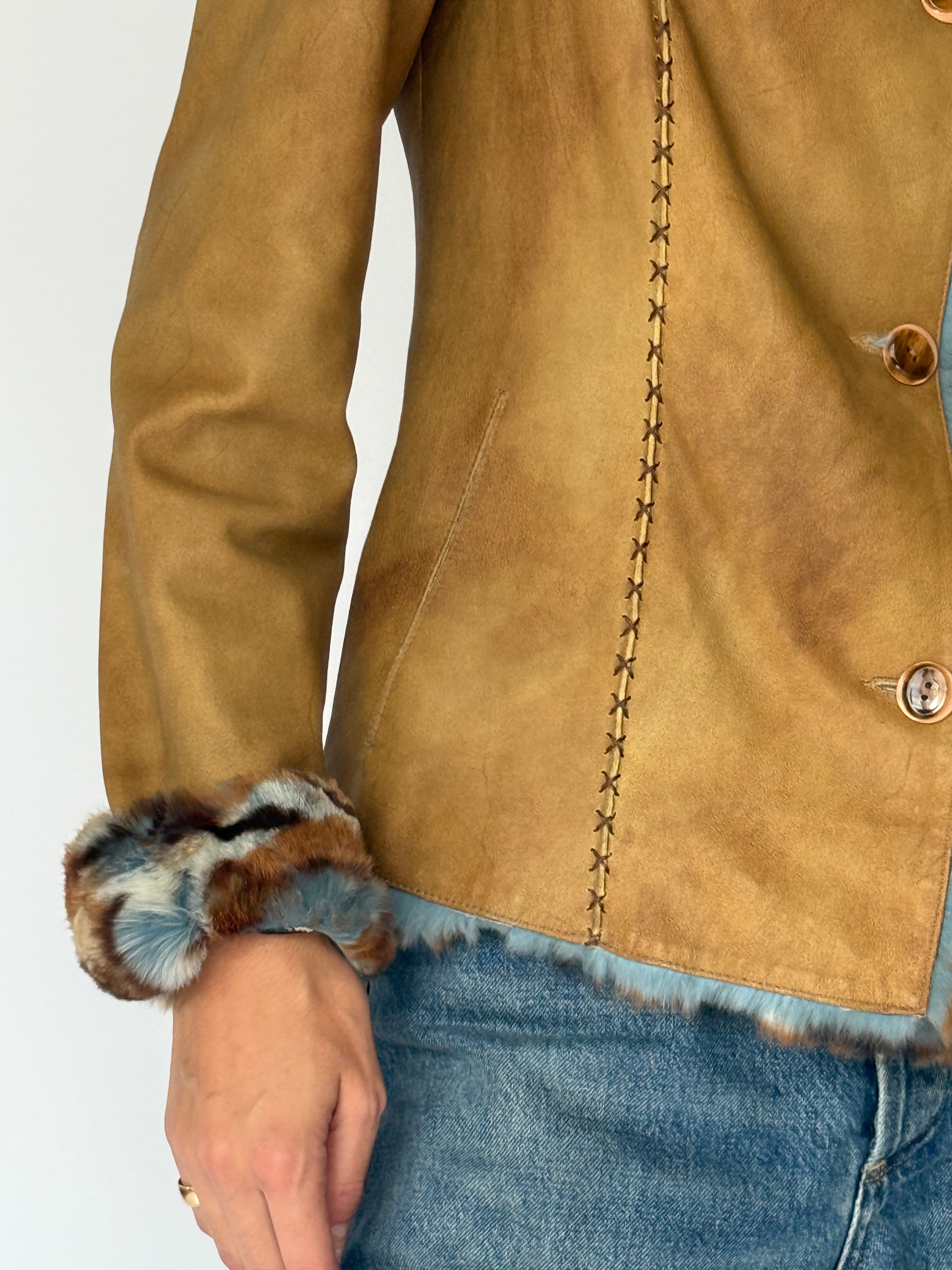 Vintage Leather jacket with Faux Fur trim Tan