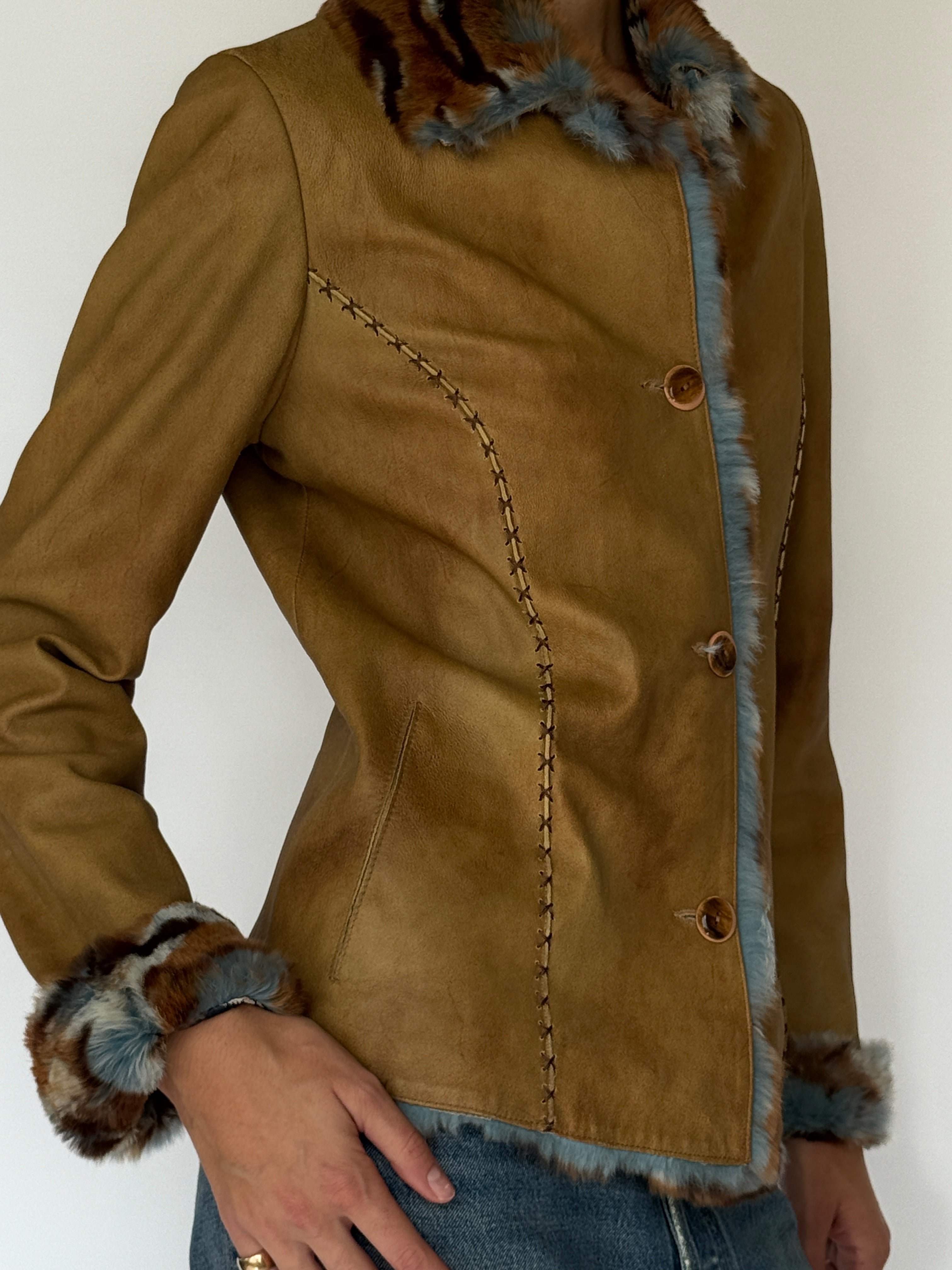 Vintage Leather jacket with Faux Fur trim Tan