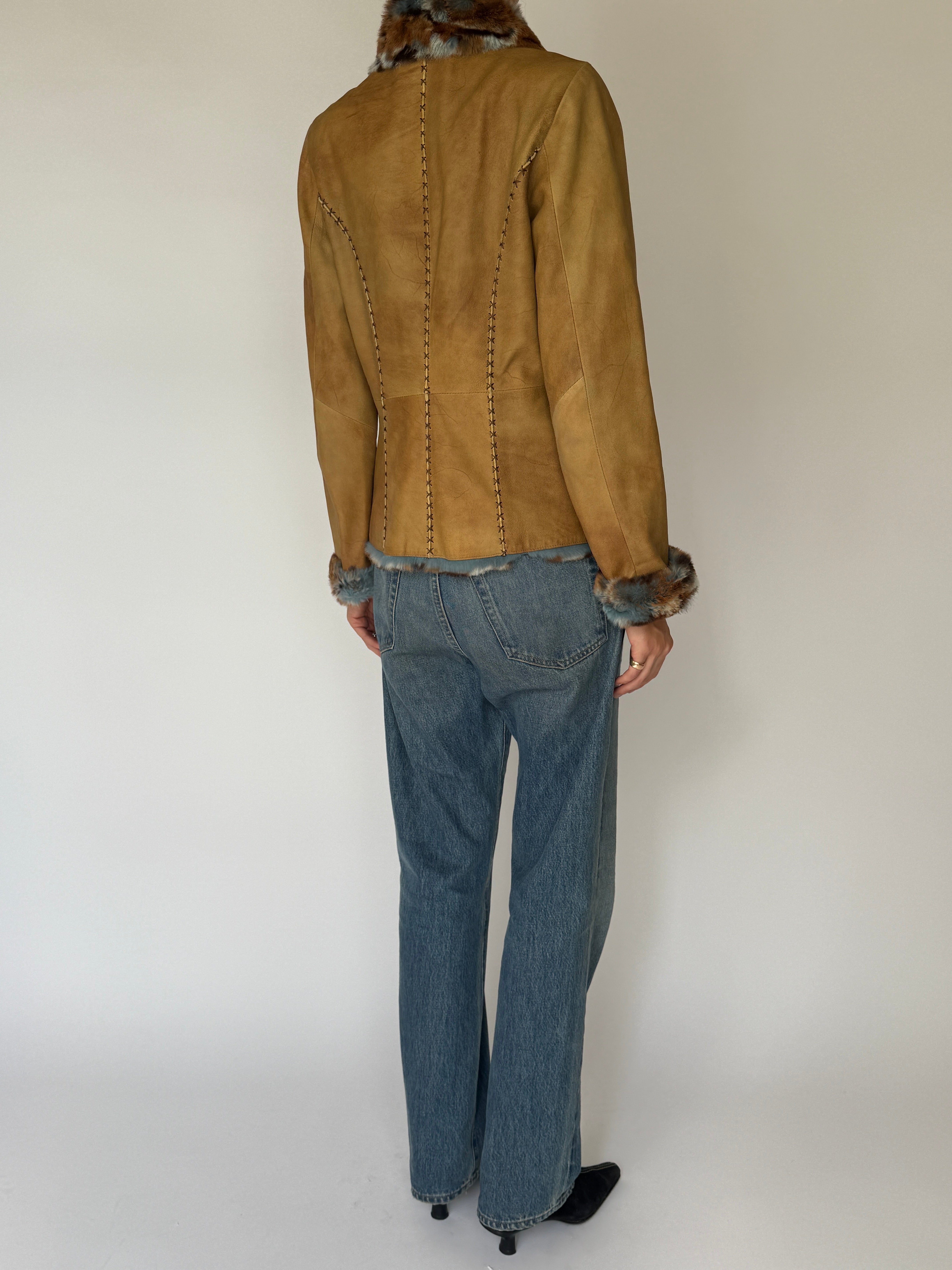 Vintage Leather jacket with Faux Fur trim Tan