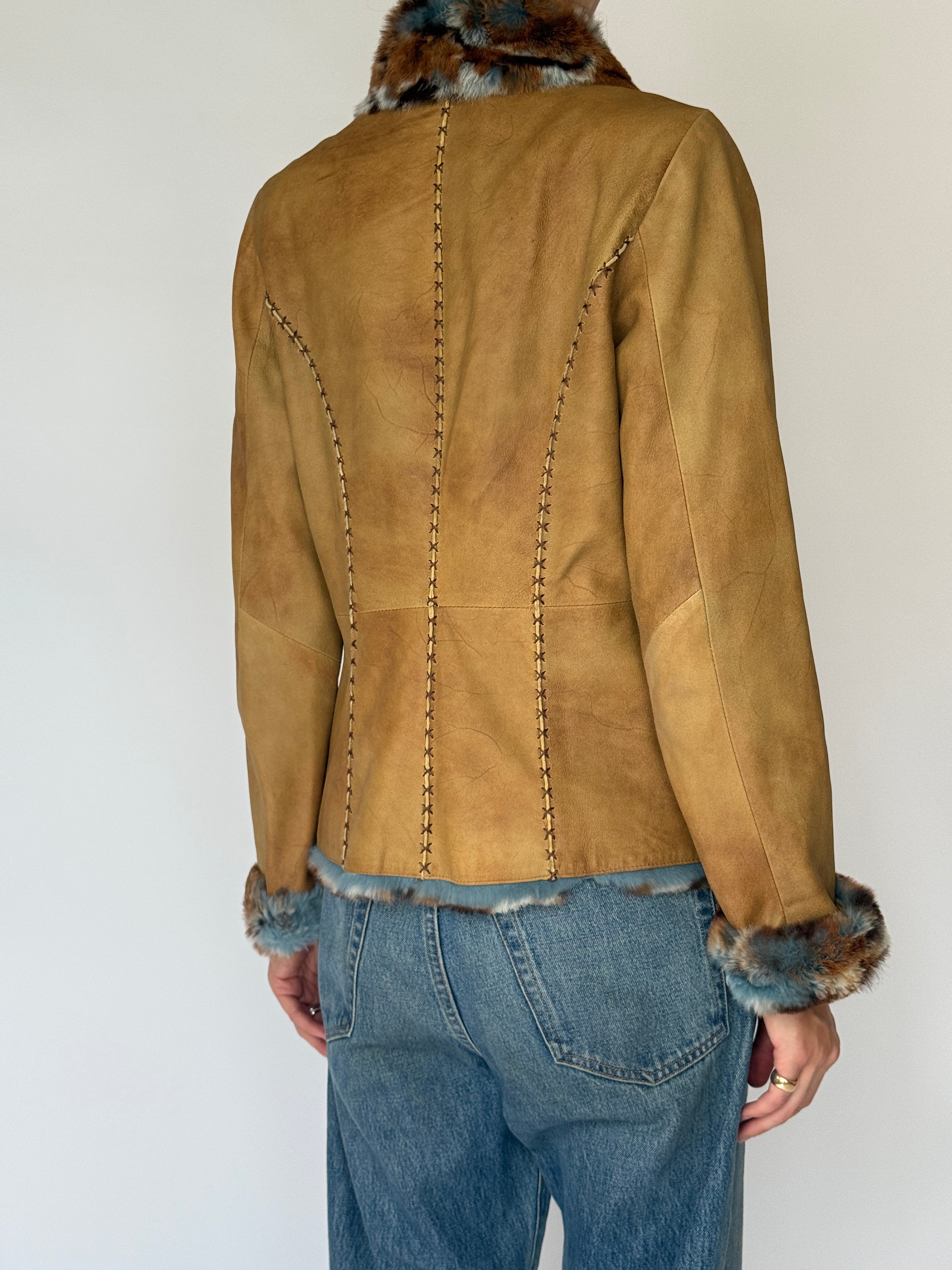 Vintage Leather jacket with Faux Fur trim Tan