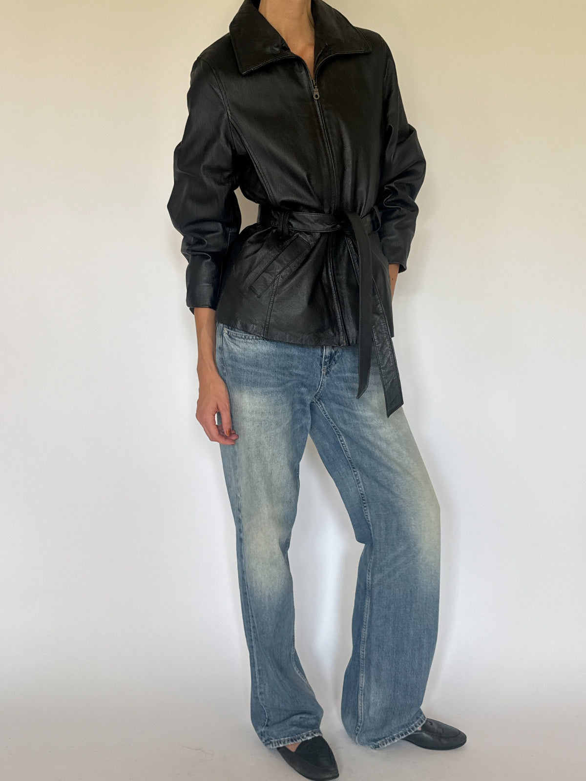 Vintage belted leather jacket black front view