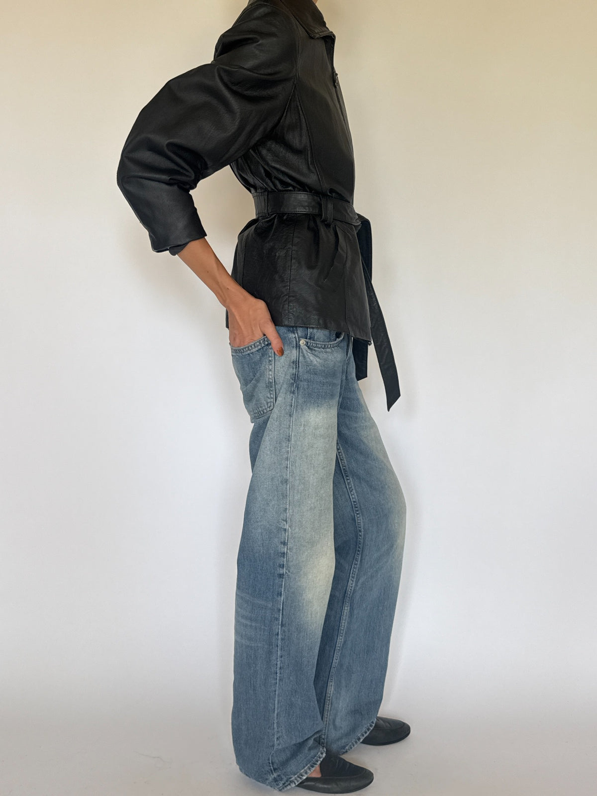 Vintage belted leather jacket black side view
