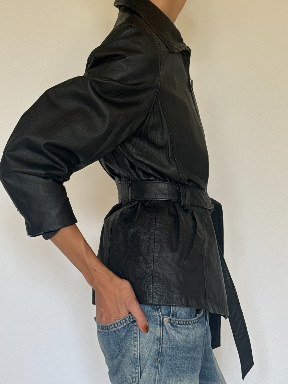 Vintage belted leather jacket black waist belt detail
