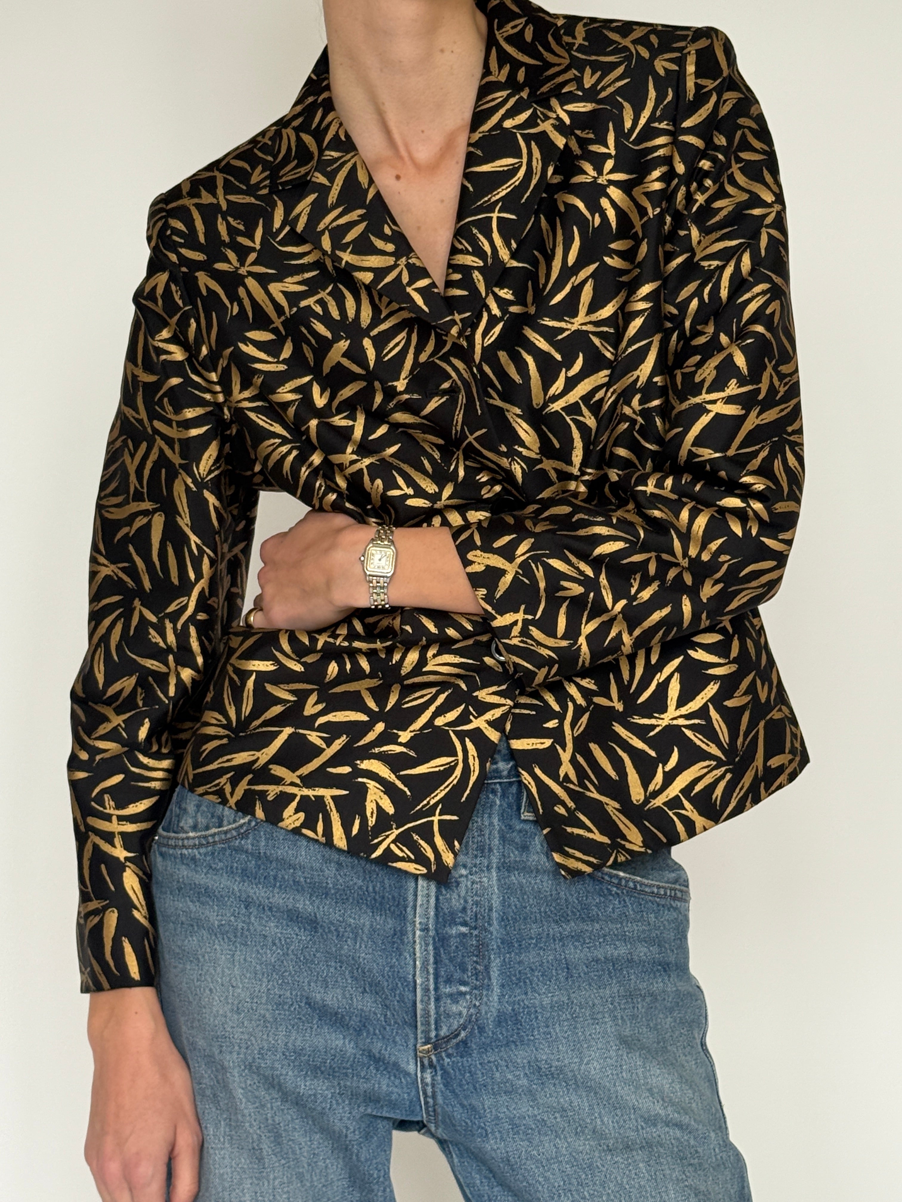 Vintage black gold jacquard blazer front view