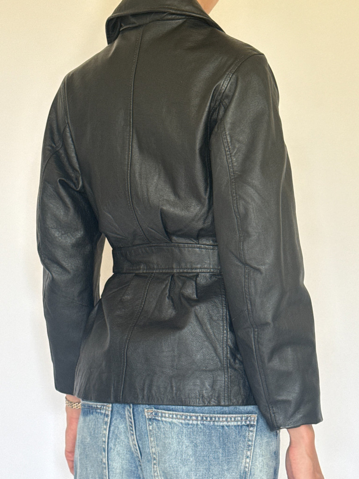Vintage belted leather jacket black back seam detail