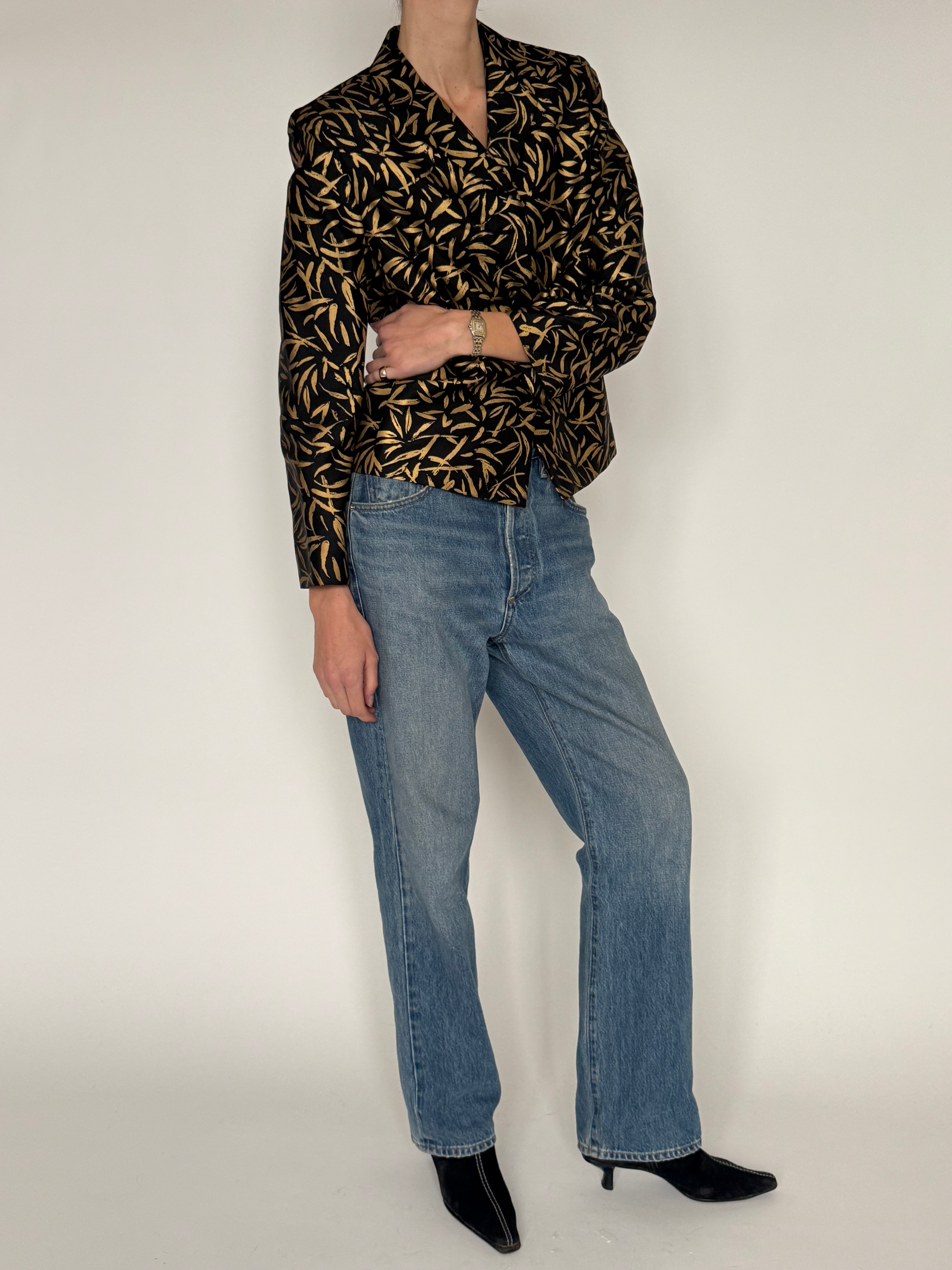 Vintage black gold jacquard blazer side view