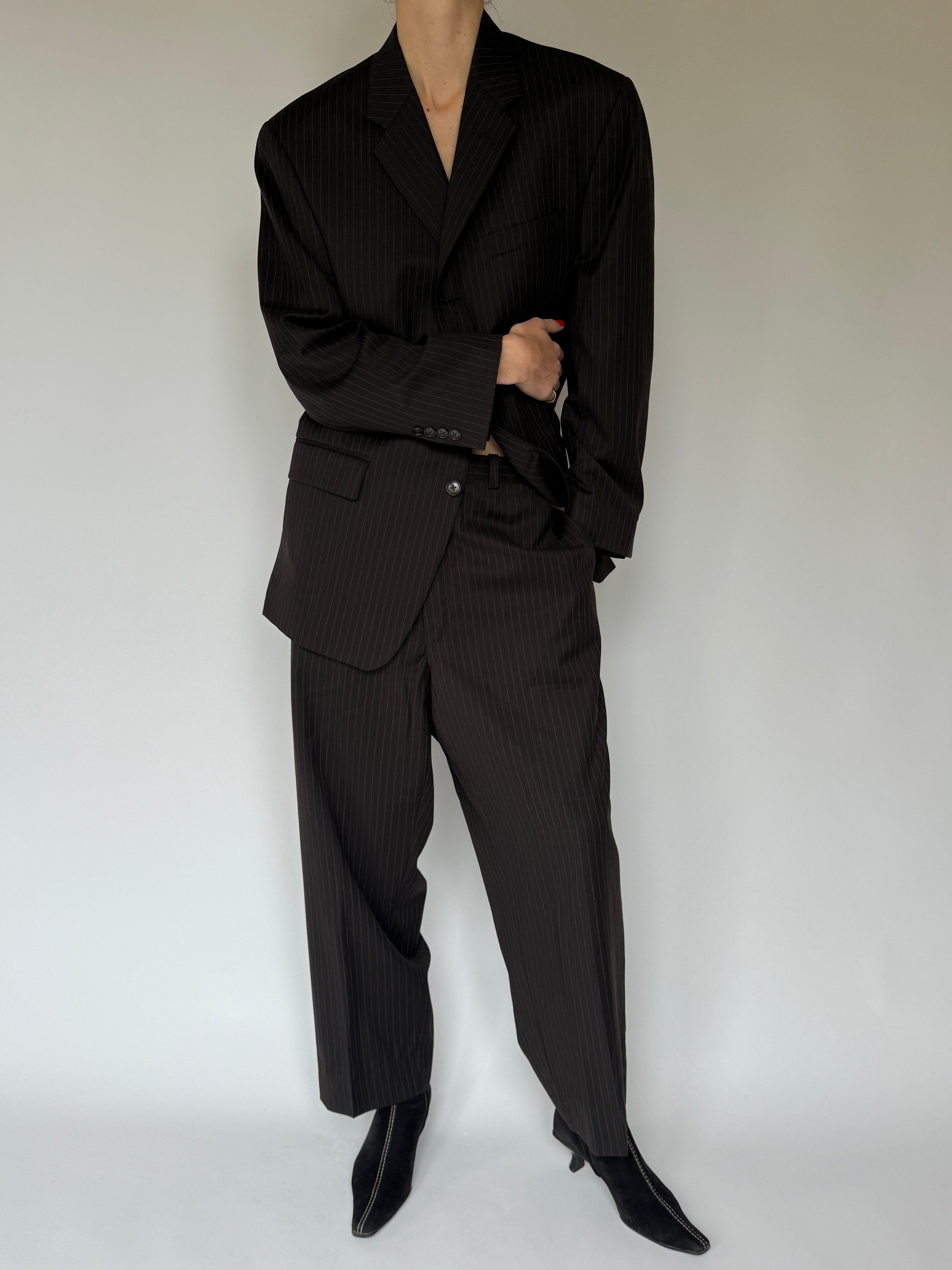 Vintage brown pinstripe wool suit front view