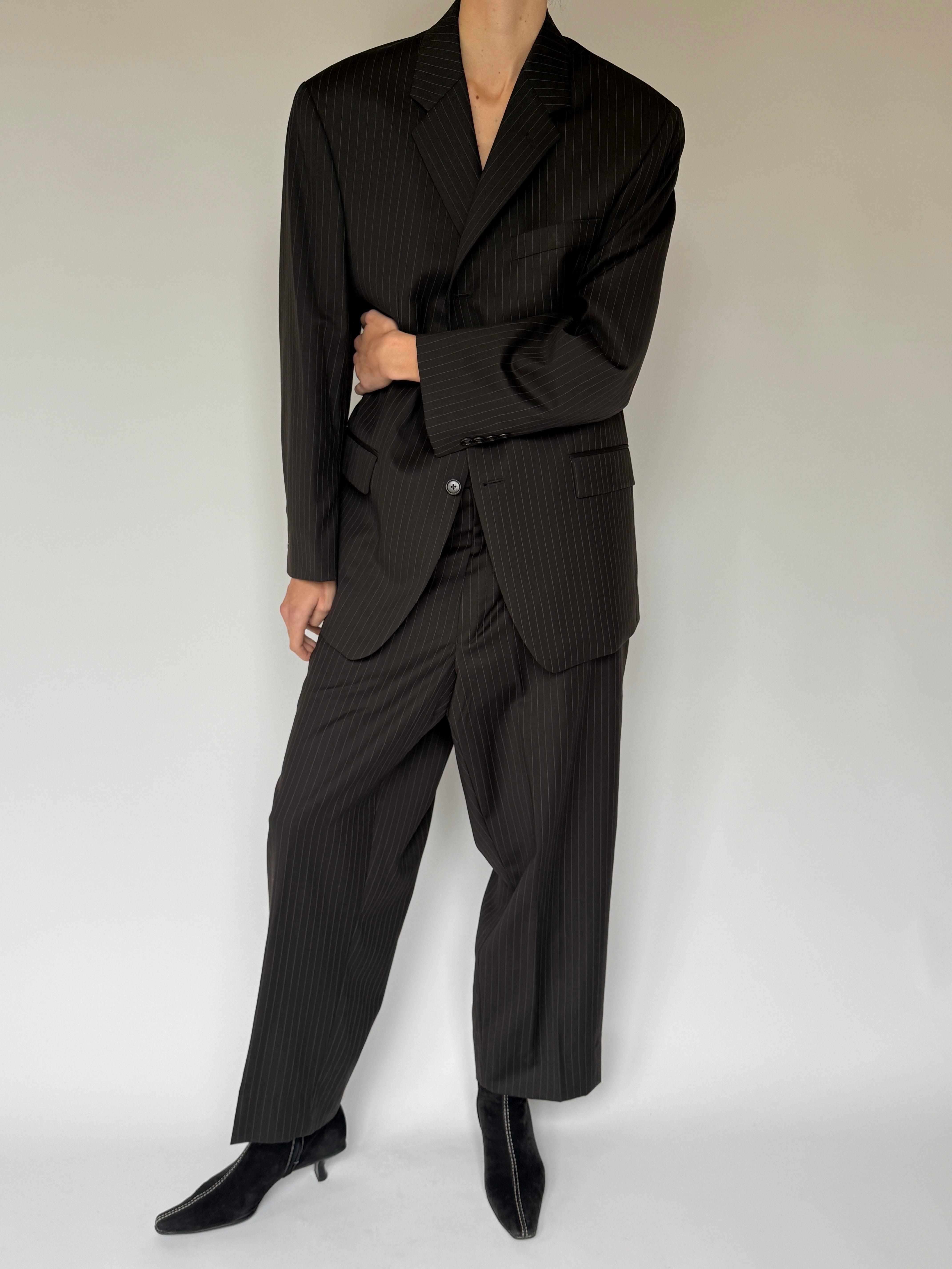 Vintage brown pinstripe trousers styled with blazer