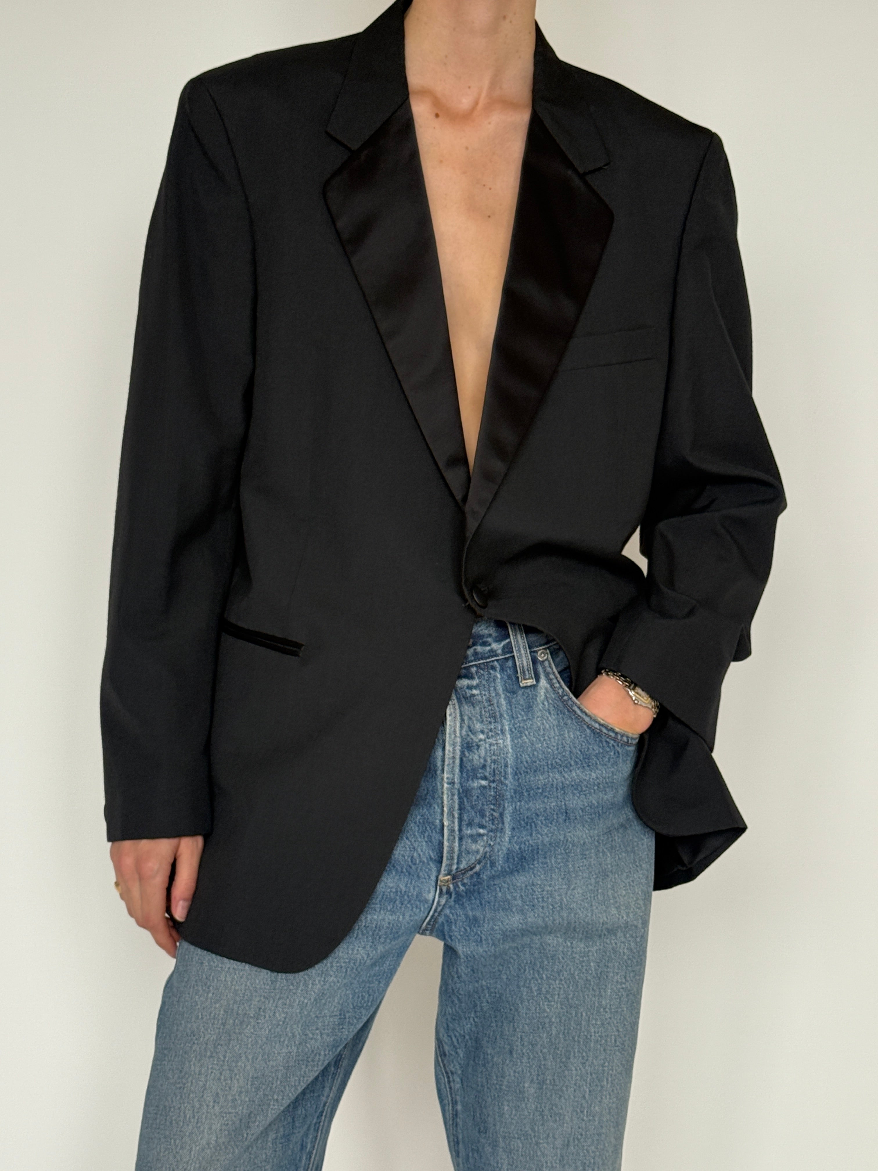 Vintage black satin lapel blazer front view