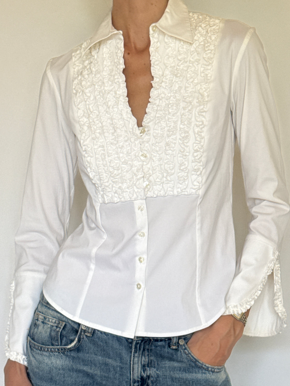 Vintage white ruffle front blouse front view