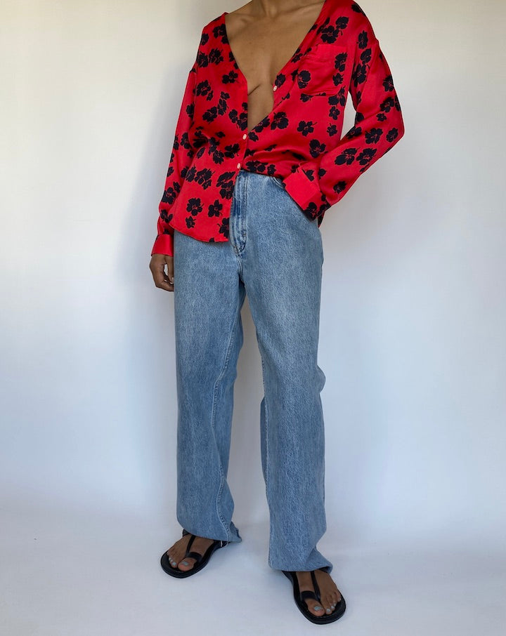 VINTAGE RED LONG SLEEVE BLOUSE WITH BLACK FLOWERS 3267