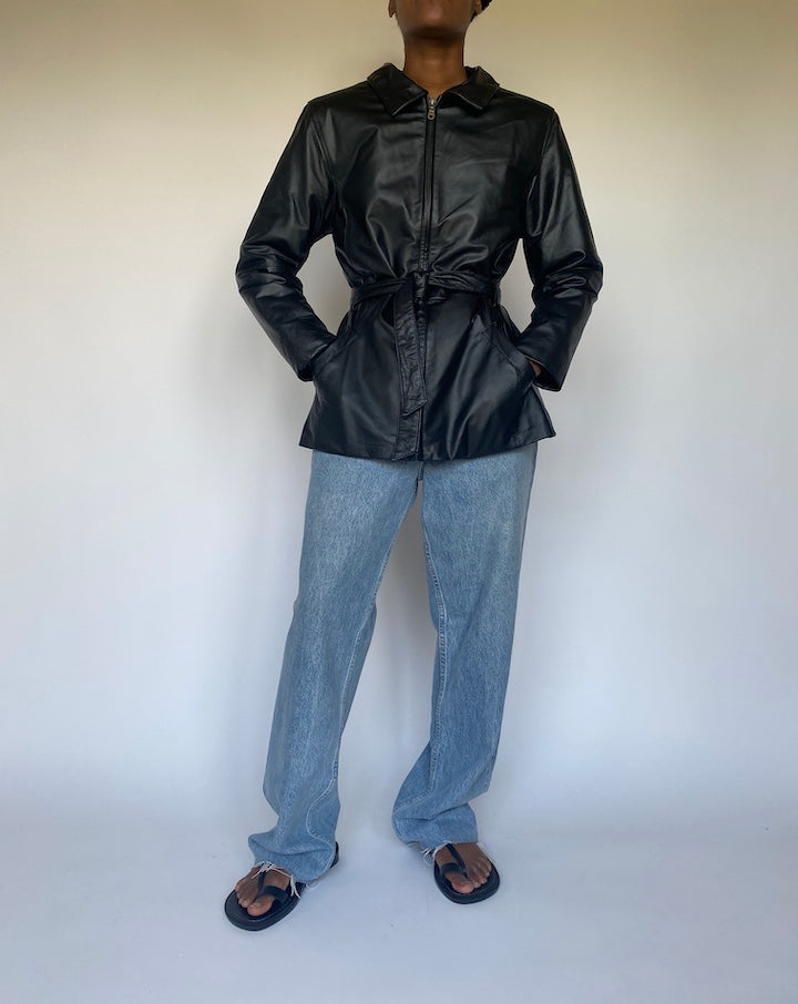 VINTAGE BLACK SHORT LEATHER TRENCH JACKET 3669