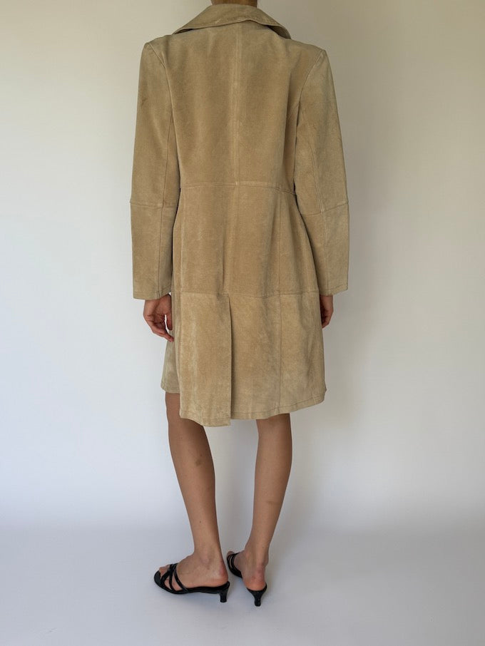 Vintage Long Suede Leather Jacket In Beige 5769