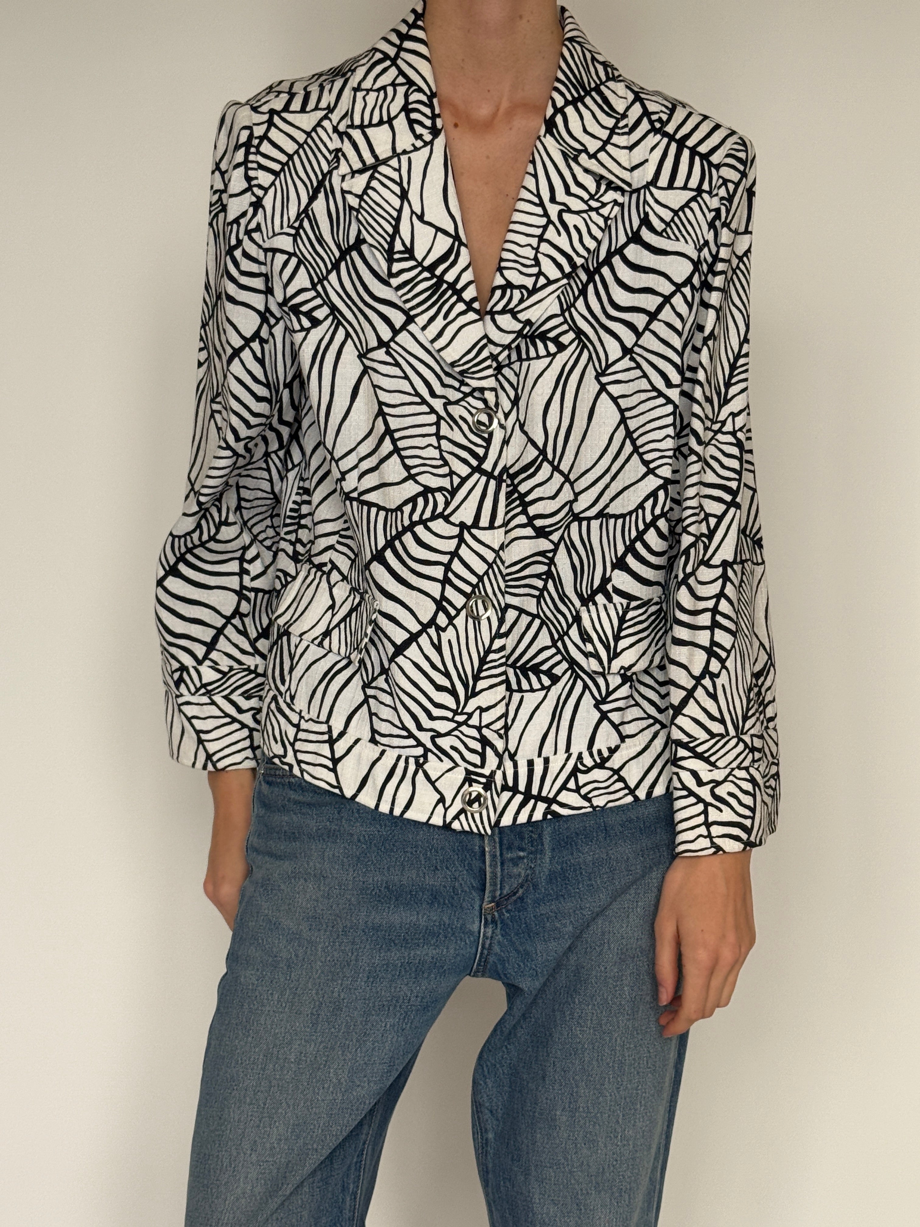 Vintage black and white abstract print blazer front view