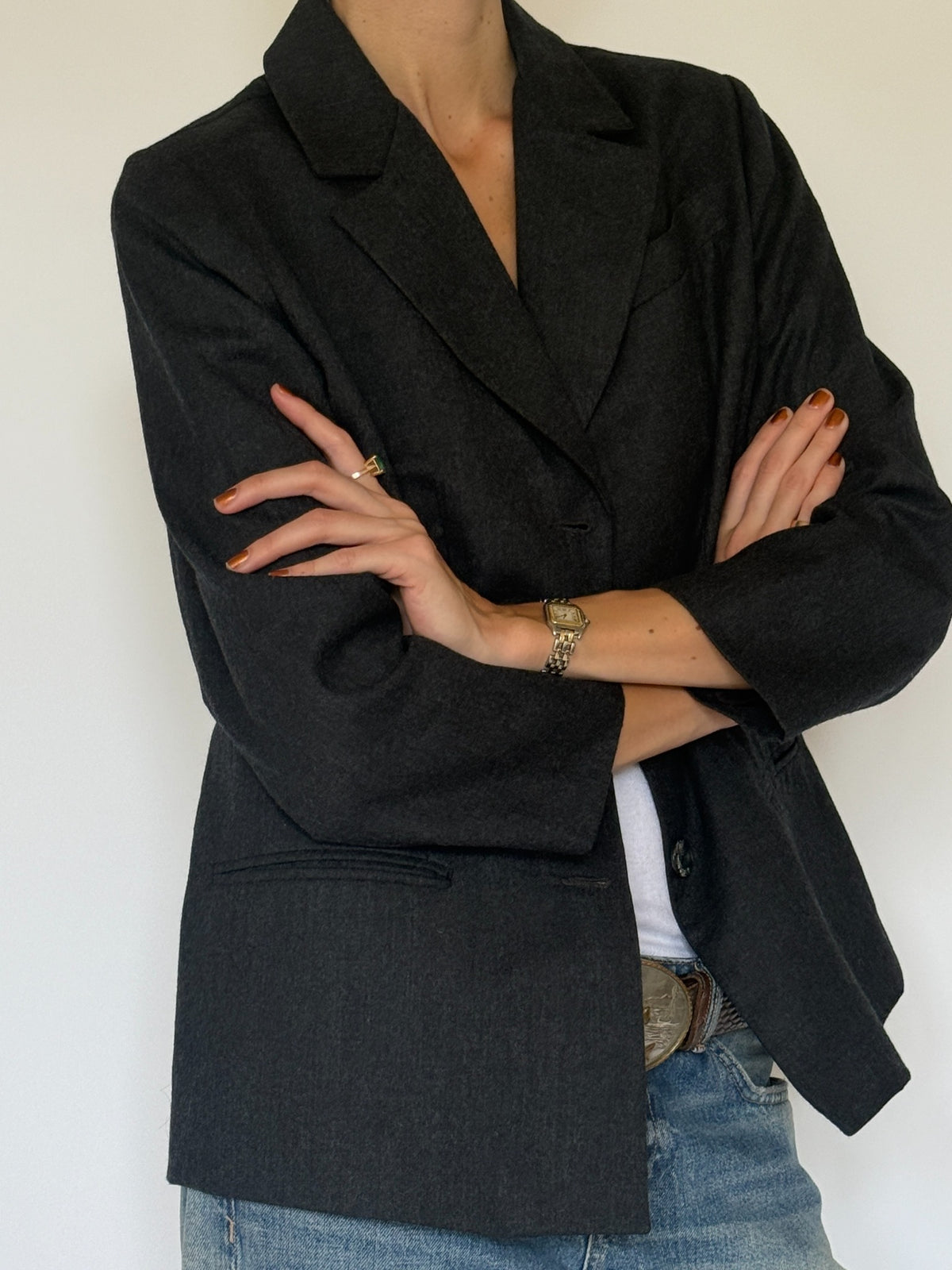 Vintage charcoal grey wool blazer lapel detail