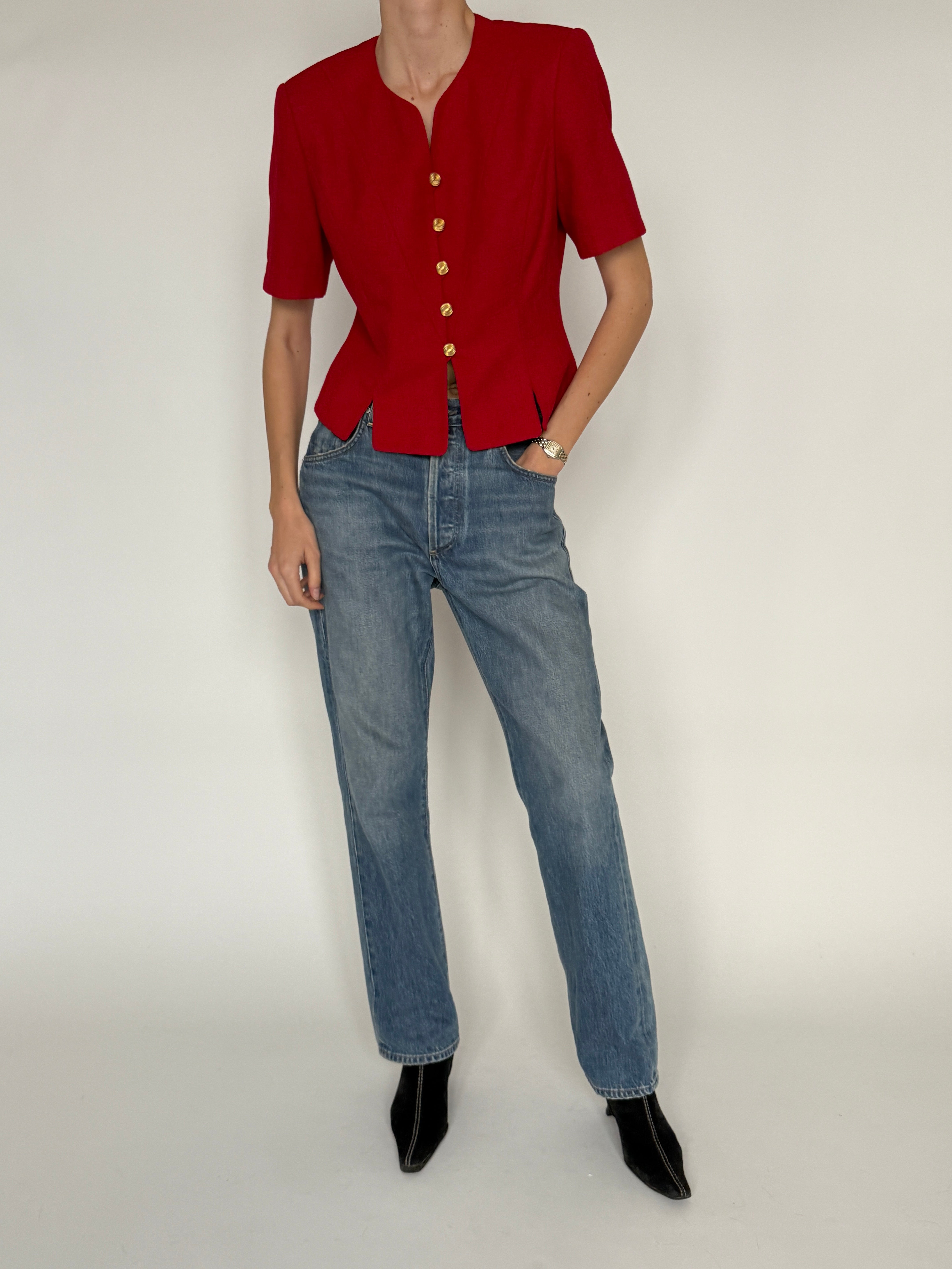 Vintage red structured short sleeve blazer front view