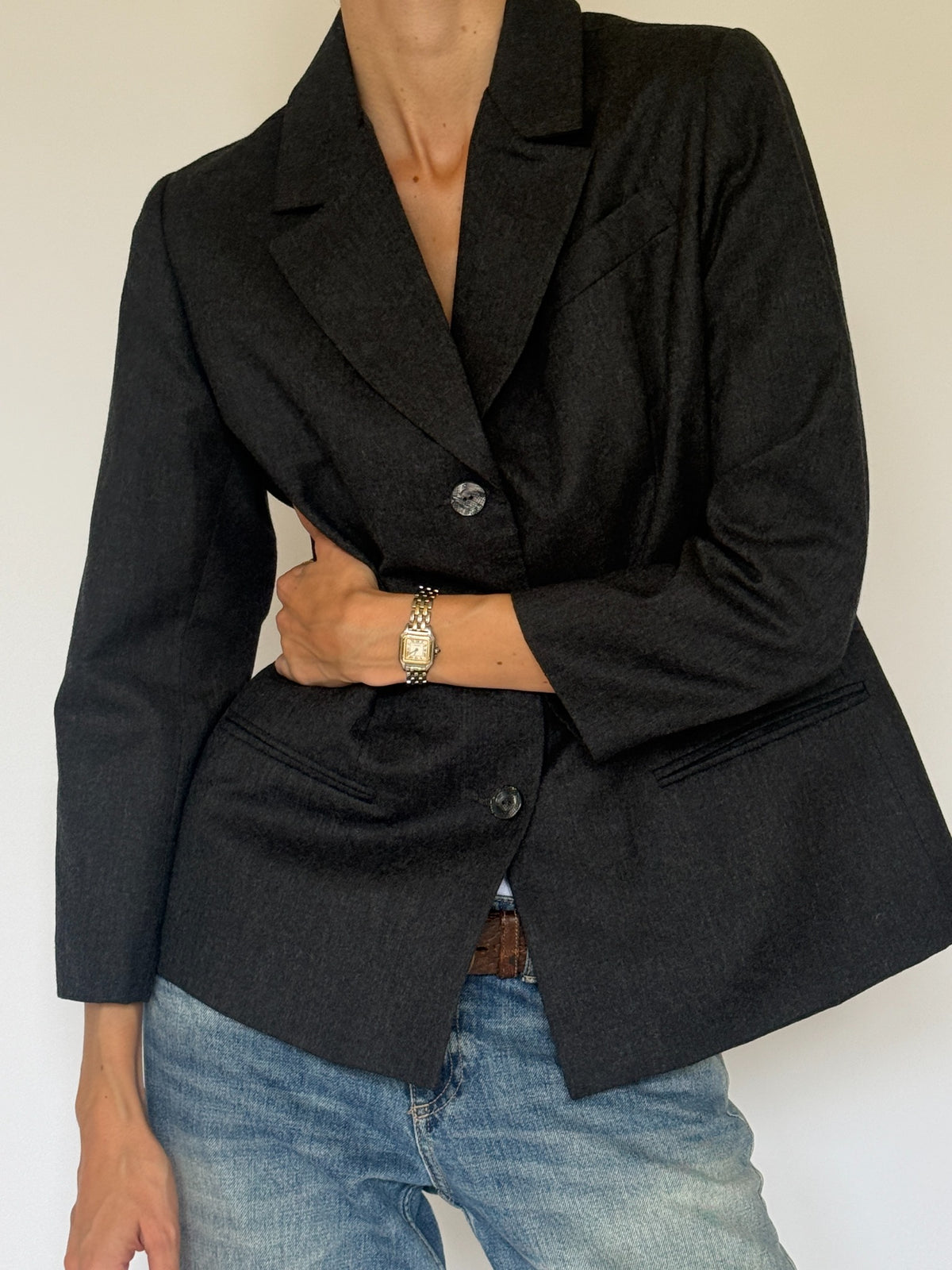 Vintage charcoal grey wool blazer button detail