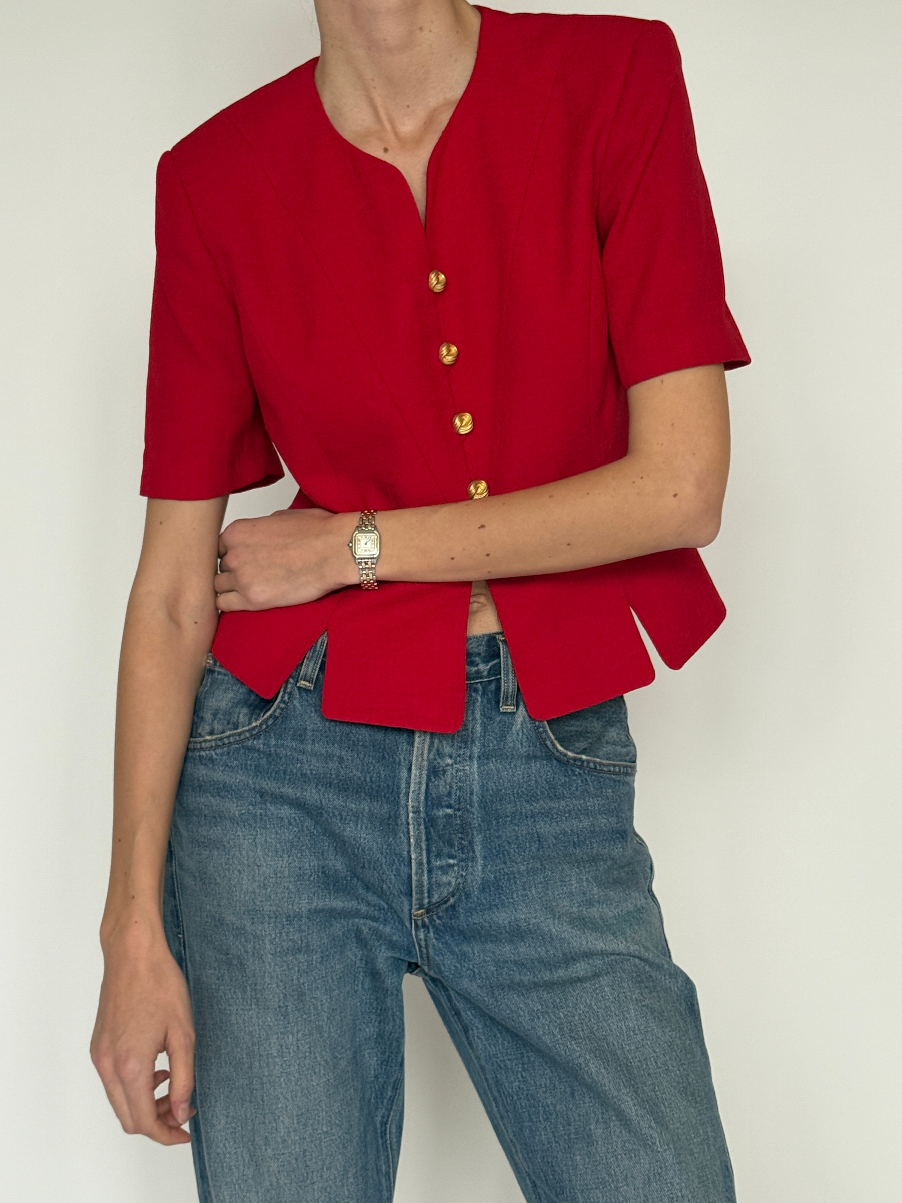 Vintage red structured short sleeve blazer front view