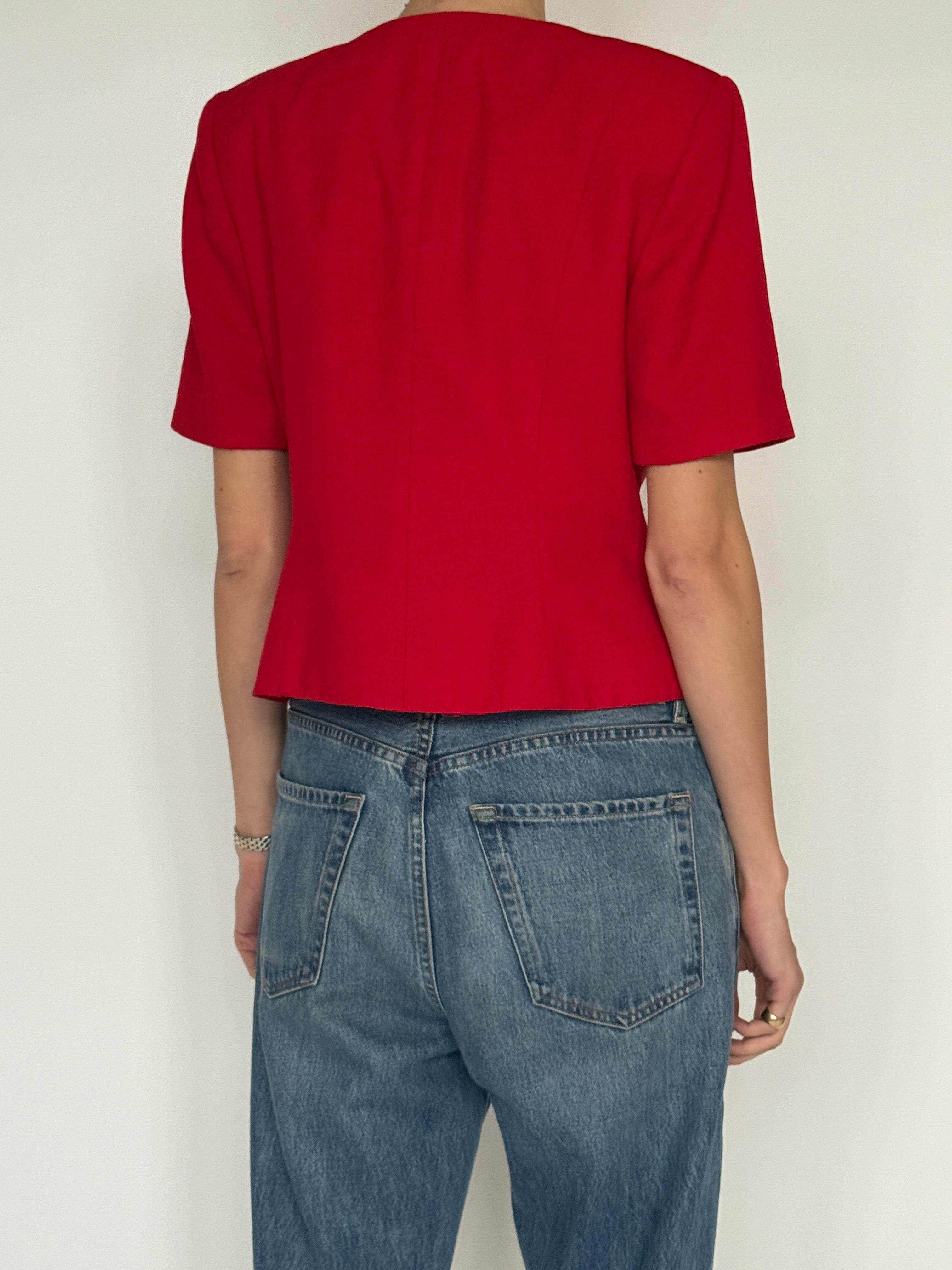 Vintage red structured short sleeve blazer back view
