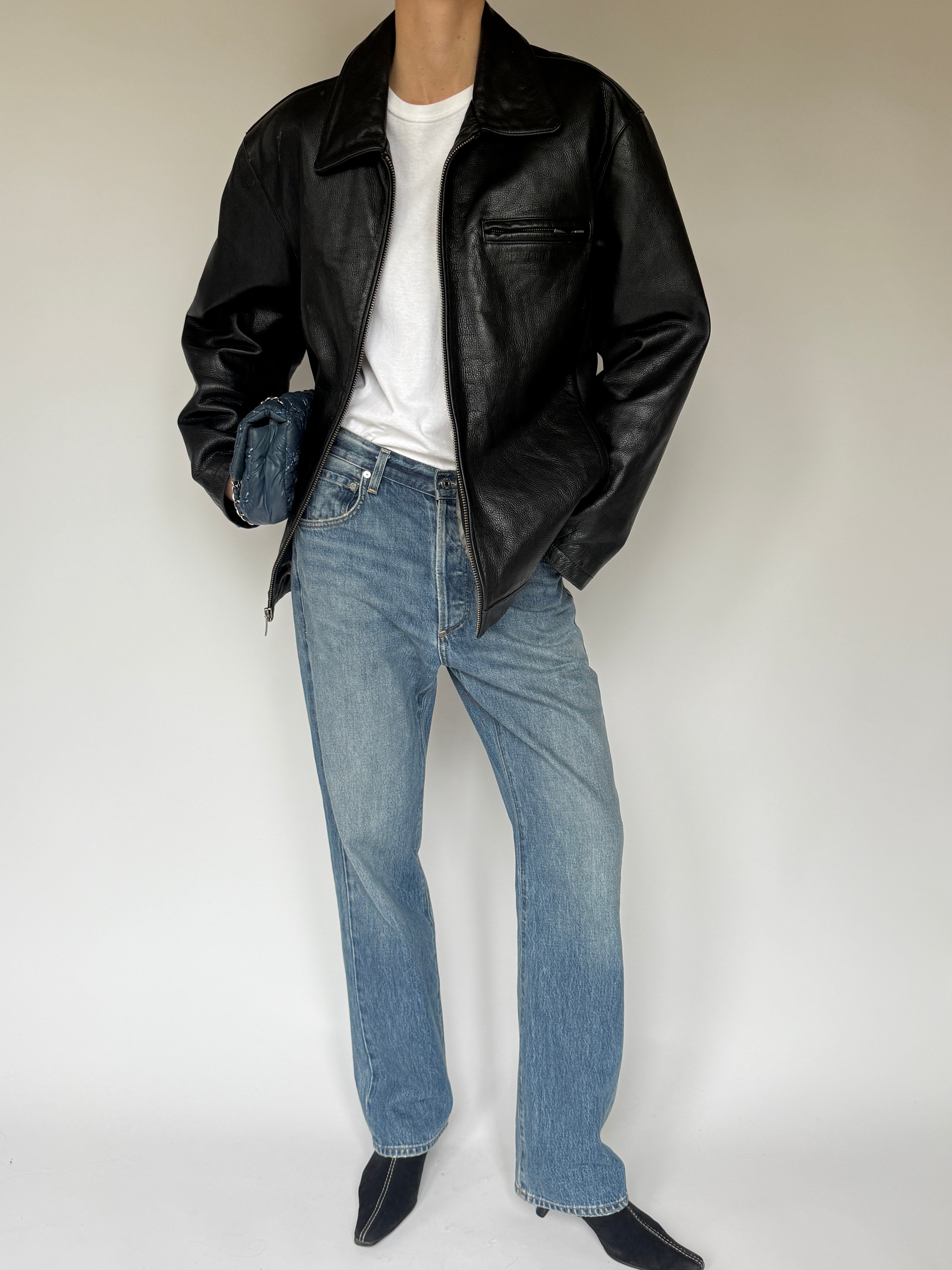 Vintage Black Leather Zip Jacket 7088