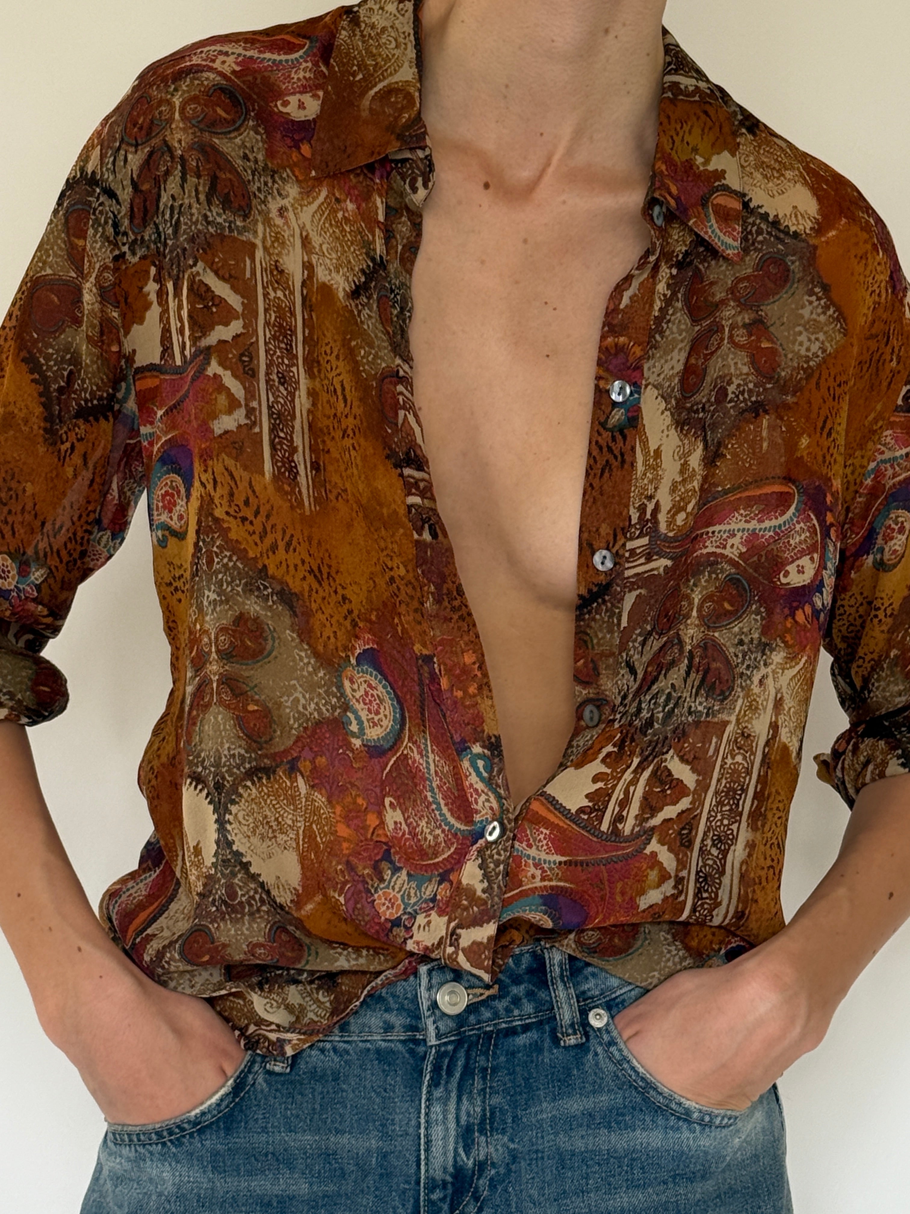 Vintage silk paisley blouse front view