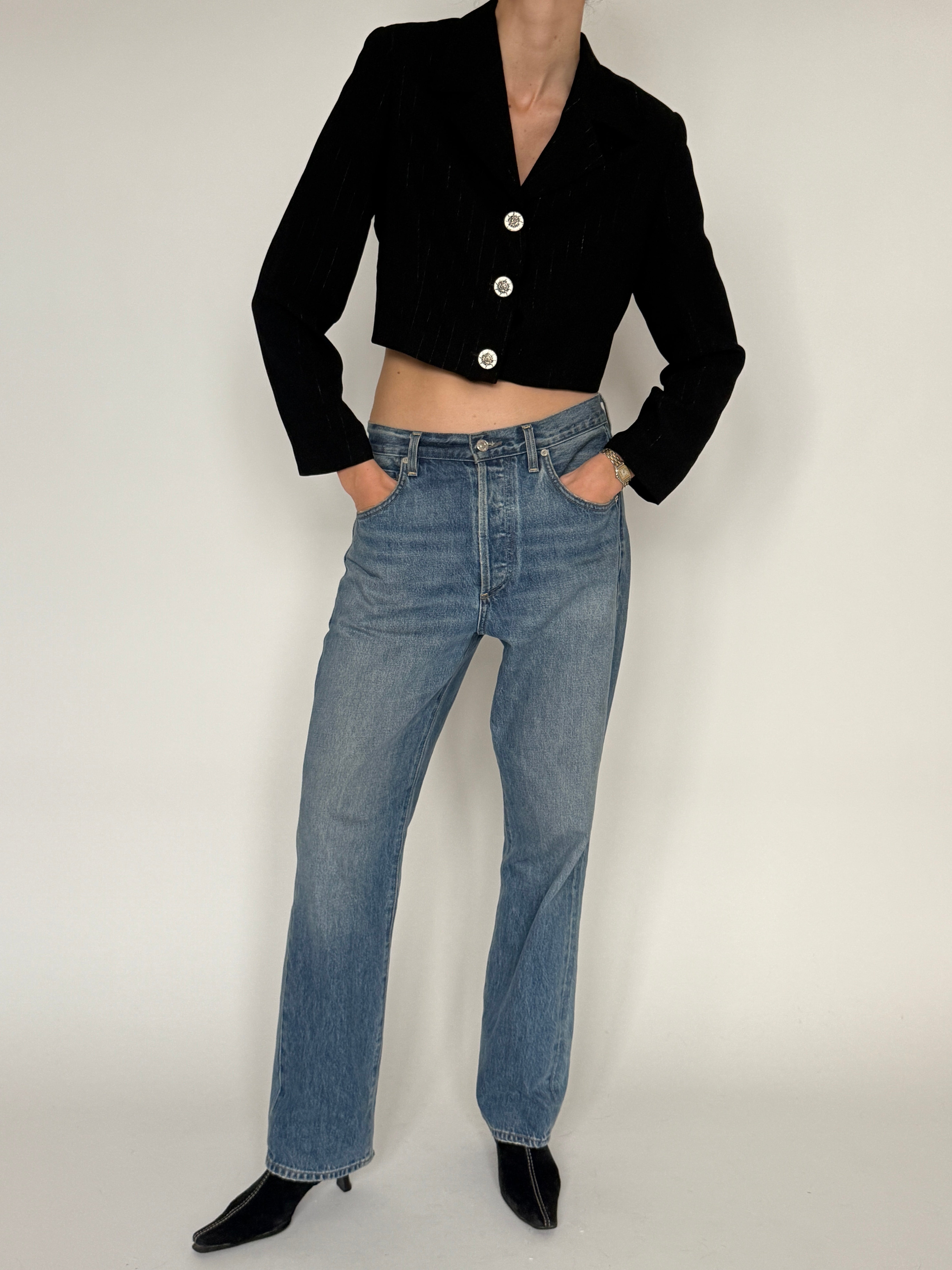 Vintage black cropped pinstripe blazer front view