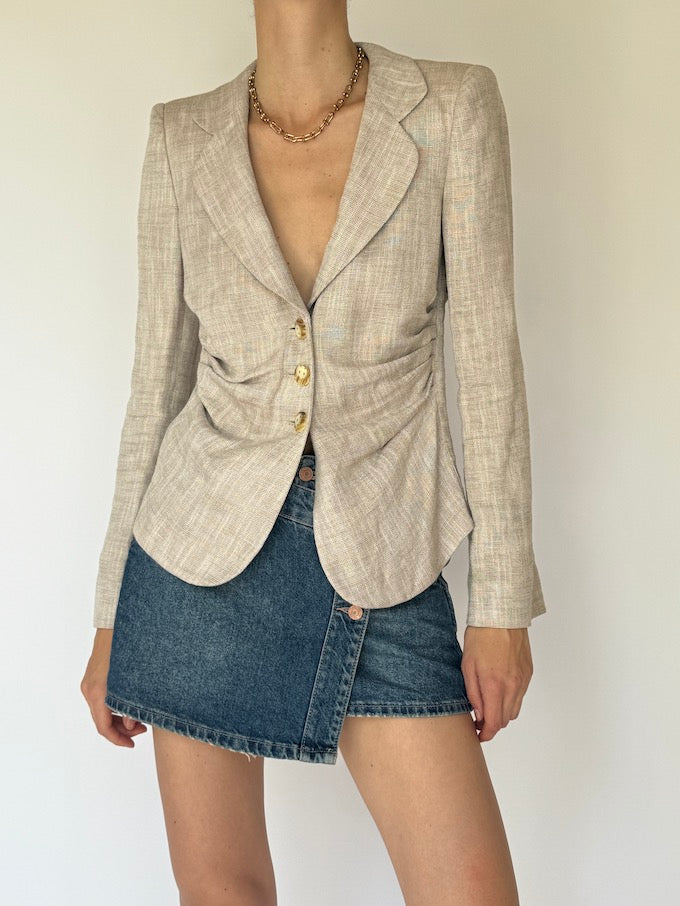 Vintage tailored linen-blend blazer neutral beige tone 6043
