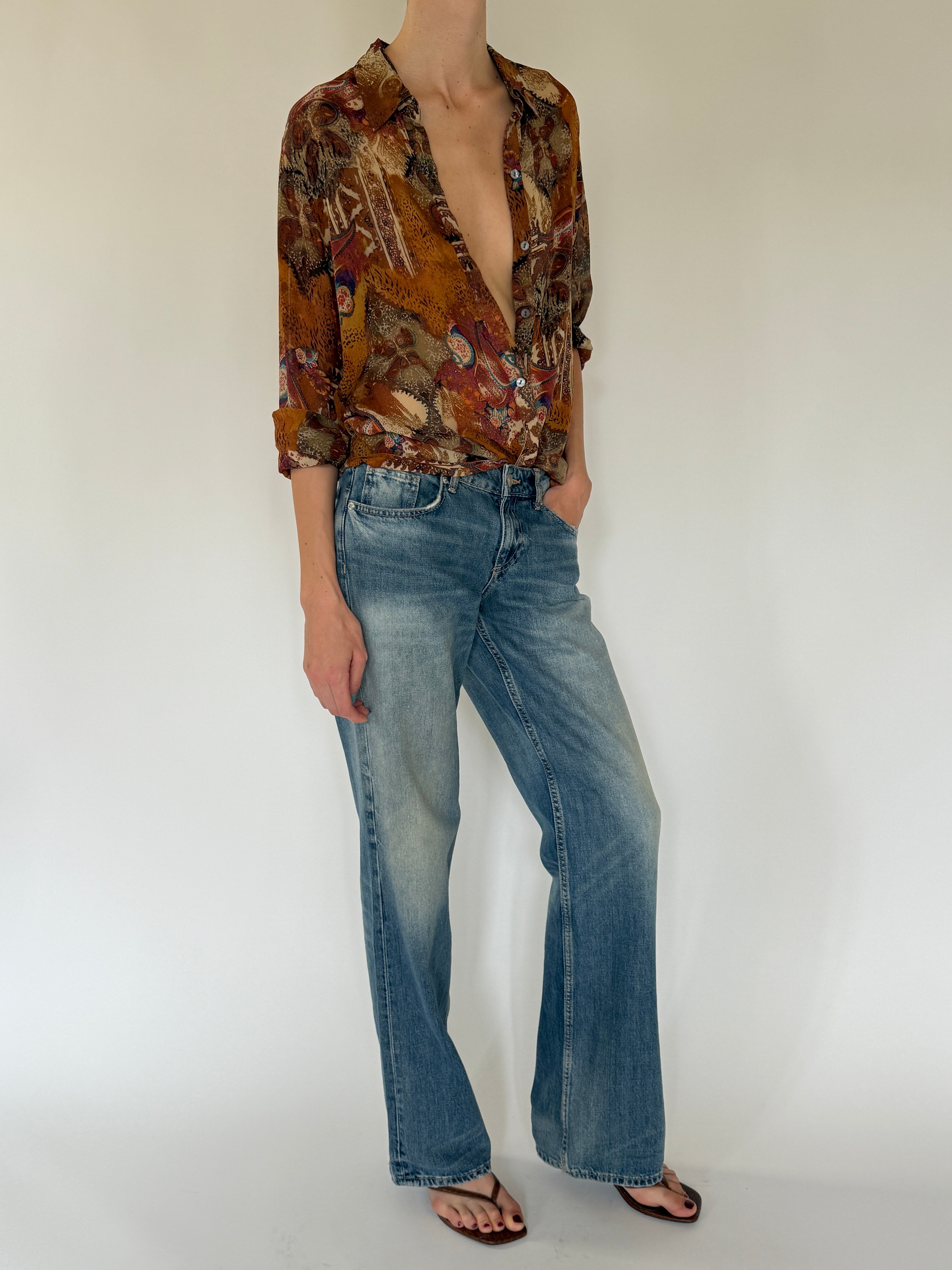 Vintage brown silk paisley blouse side view
