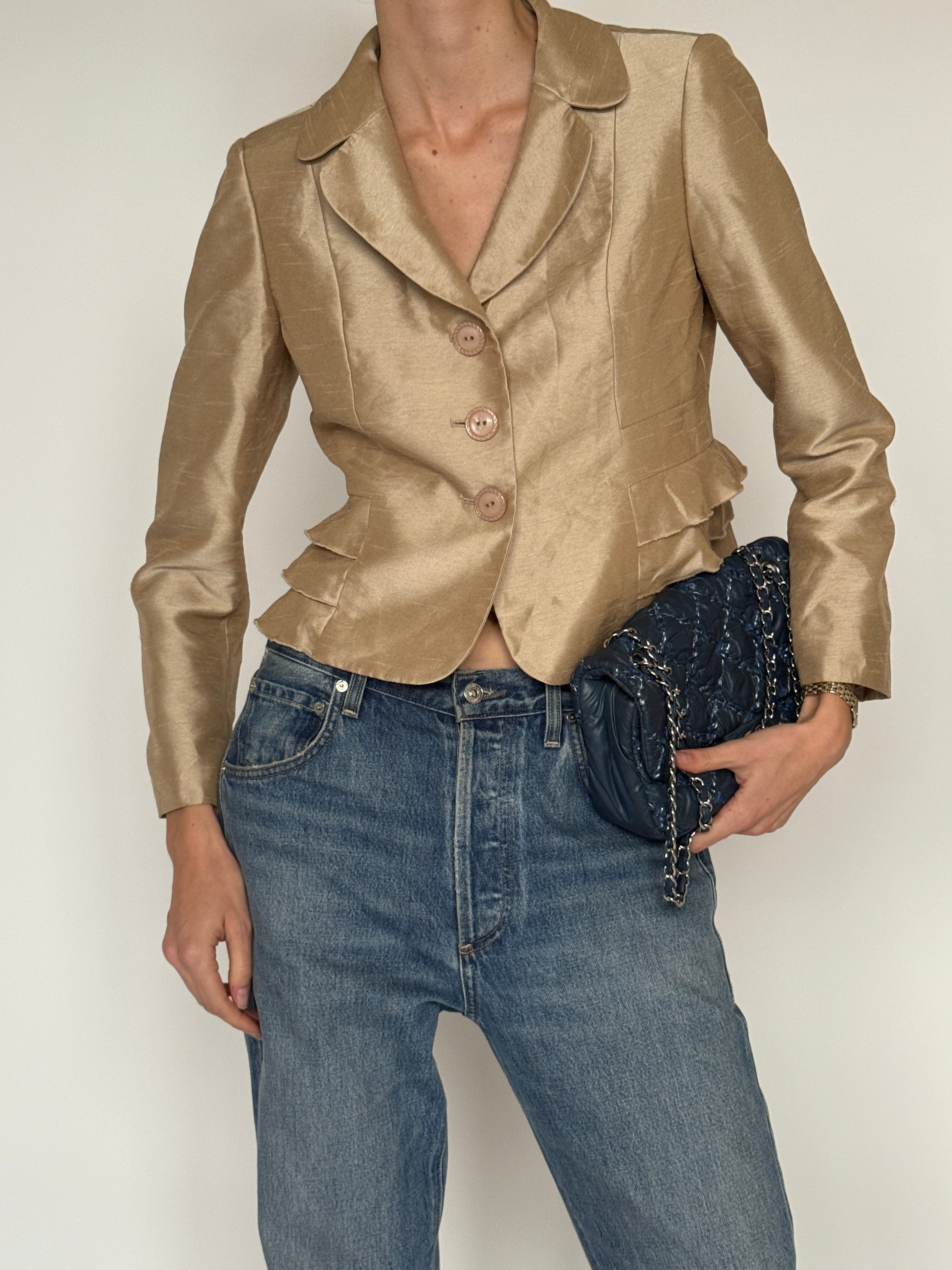Vintage champagne cropped shimmer blazer front view fitted silhouette