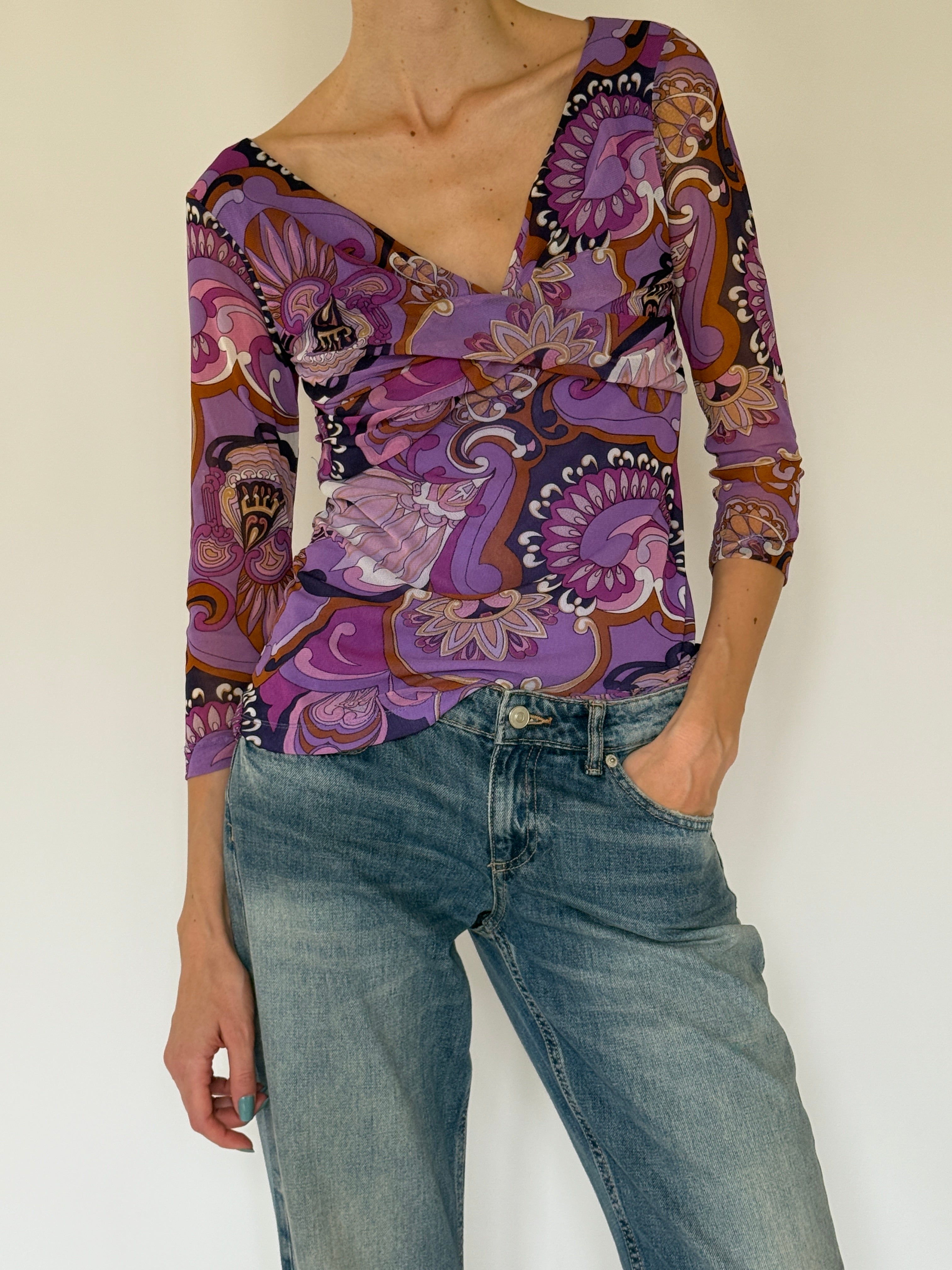 Vintage draped crossover neckline detail