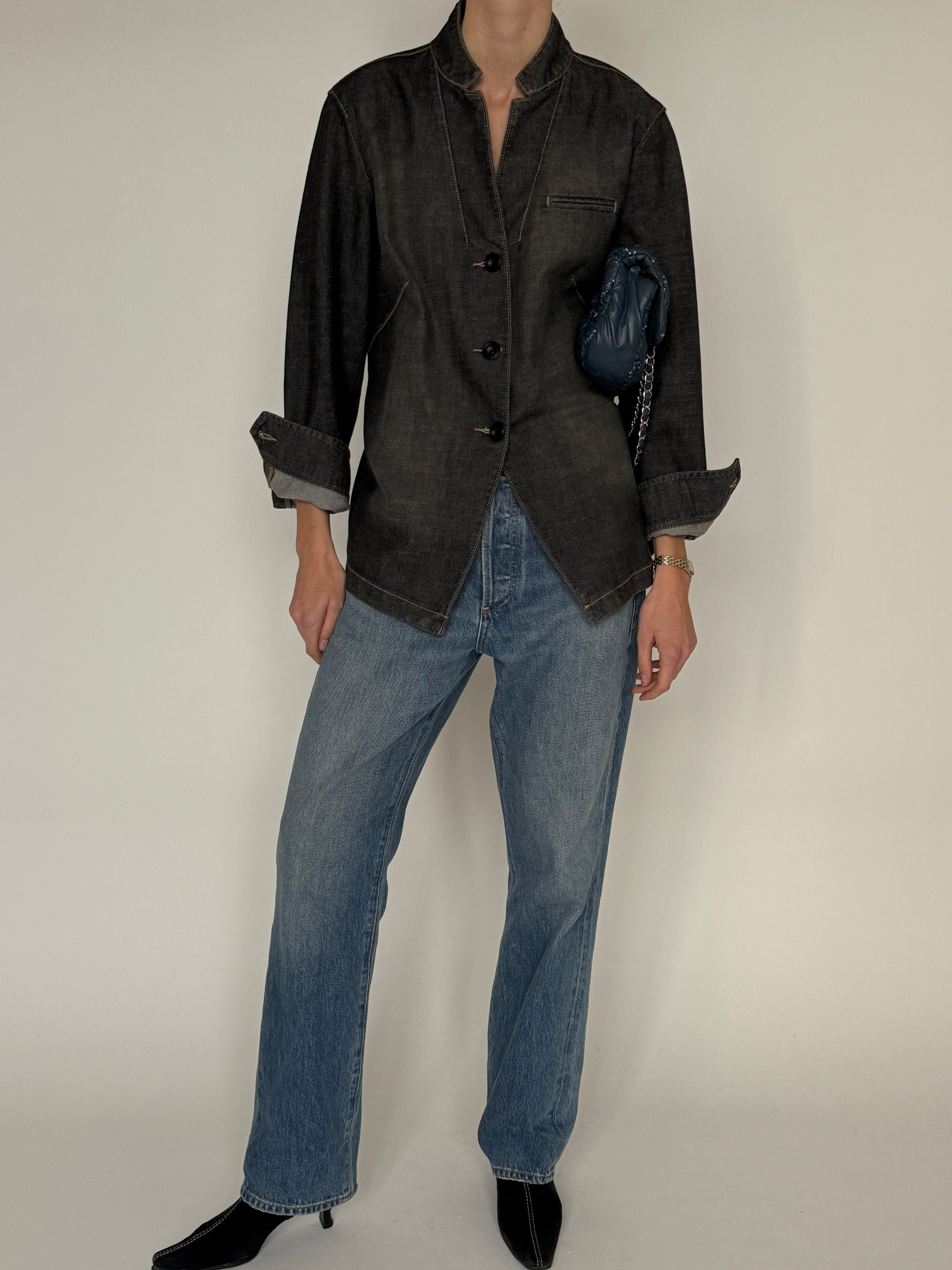 Vintage charcoal denim-style blazer front view