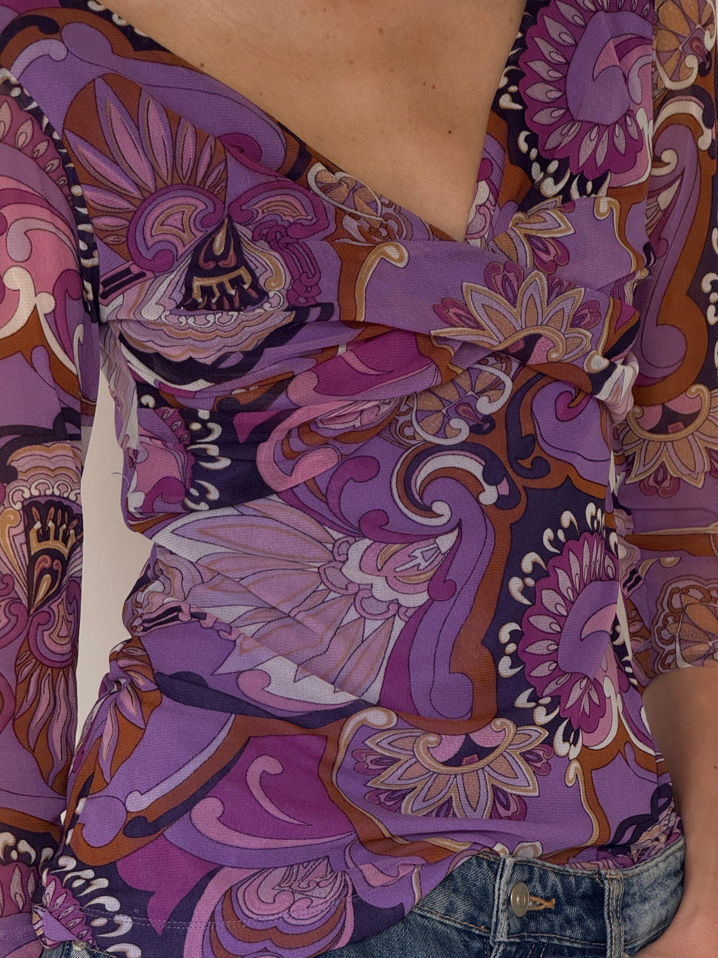 Vintage purple abstract print ruched top front view