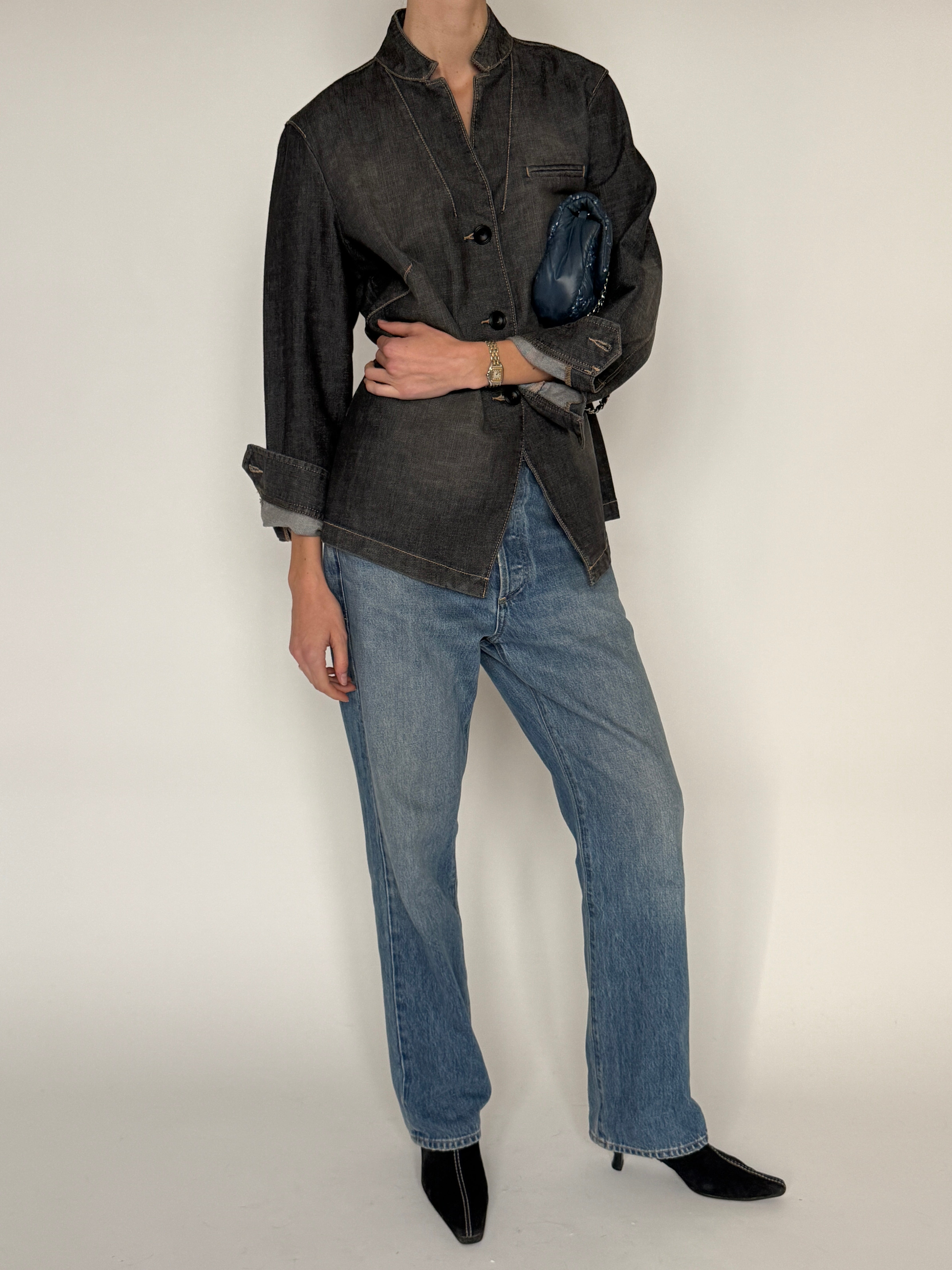 Vintage charcoal denim-style blazer side view