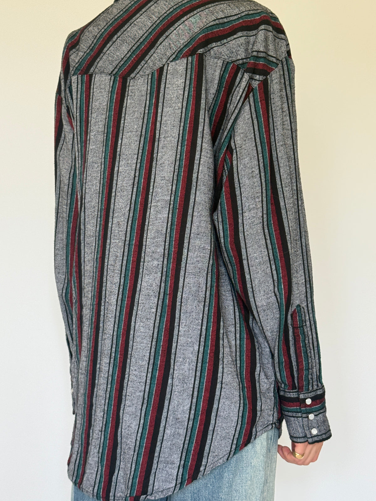 Vintage grey striped Western flannel shirt back view