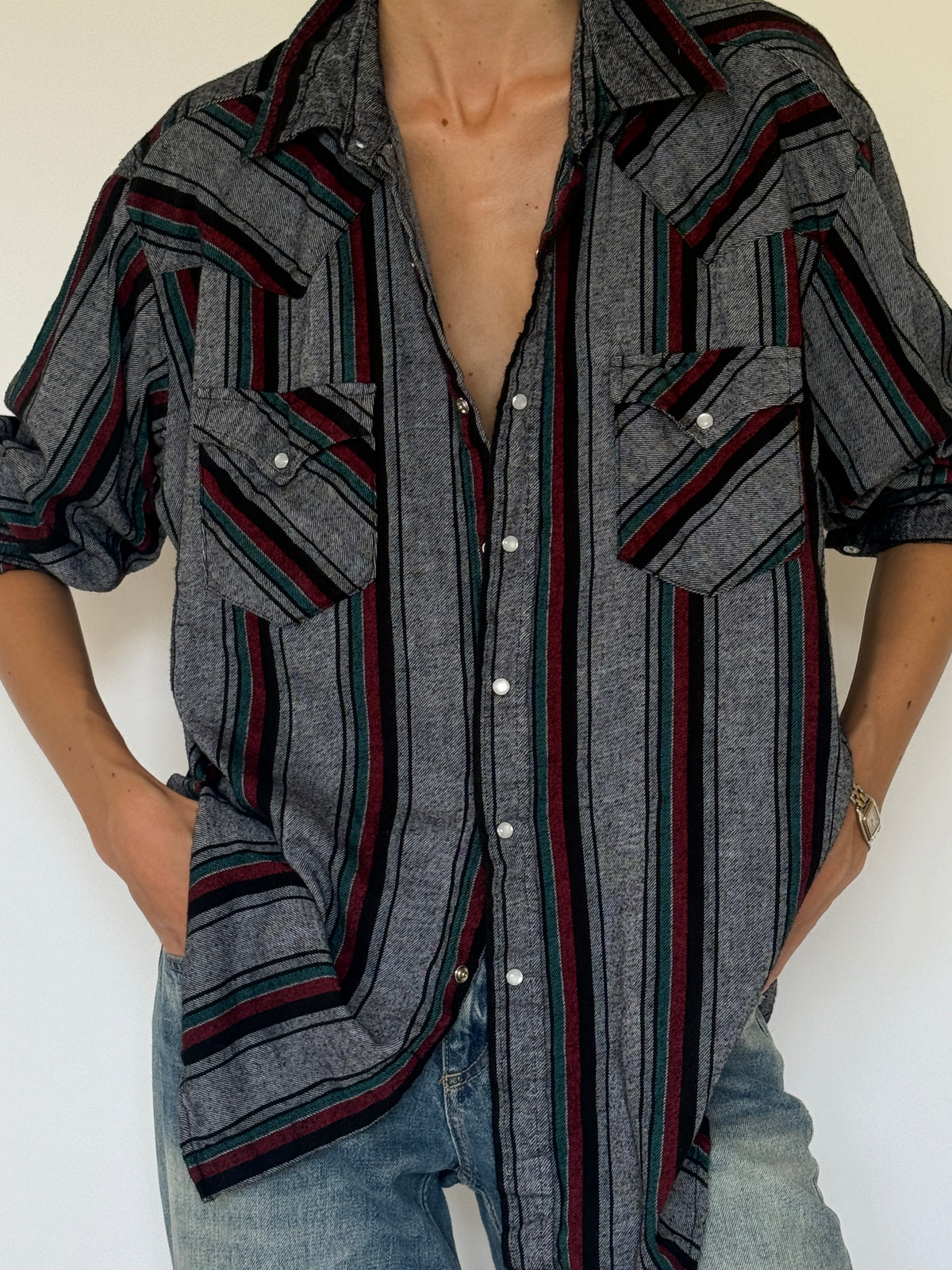Vintage grey striped Western flannel shirt front view