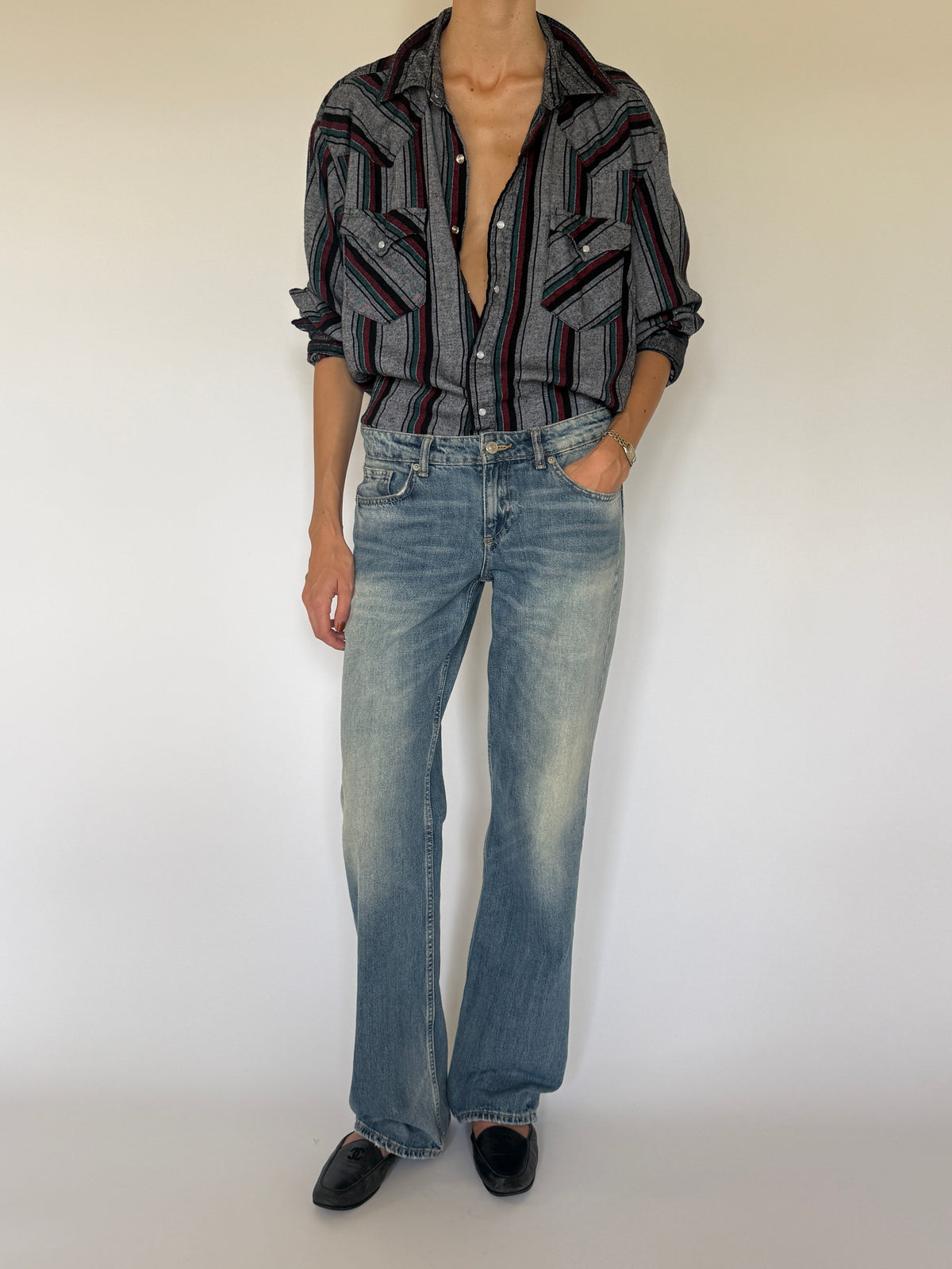 Vintage grey striped Western flannel shirt front view
