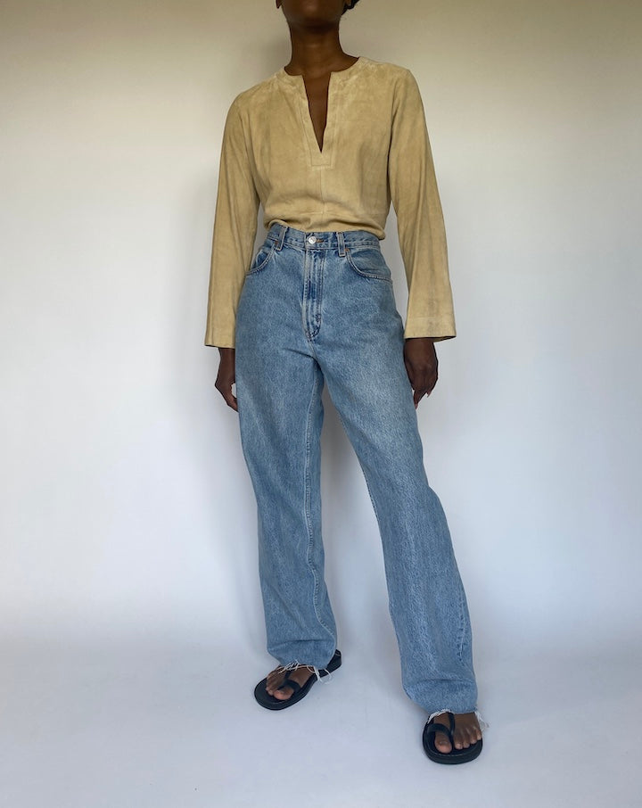 VINTAGE LIGHT BEIGE SUEDE LEATHER LONG SLEEVE TOP 2475