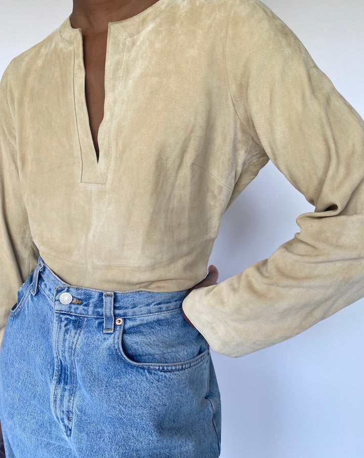 VINTAGE LIGHT BEIGE SUEDE LEATHER LONG SLEEVE TOP 2475