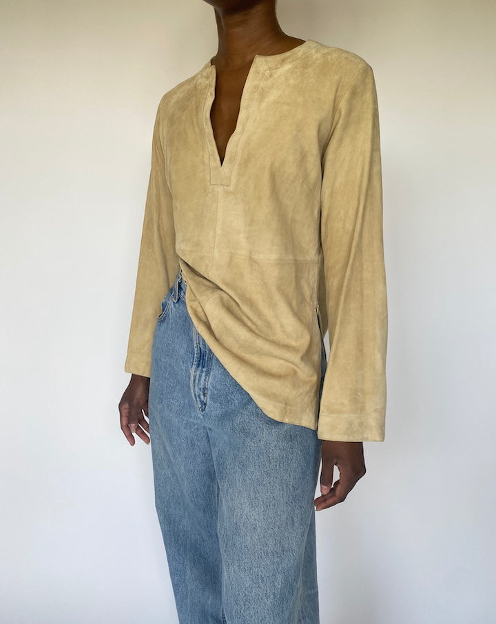 VINTAGE LIGHT BEIGE SUEDE LEATHER LONG SLEEVE TOP 2475